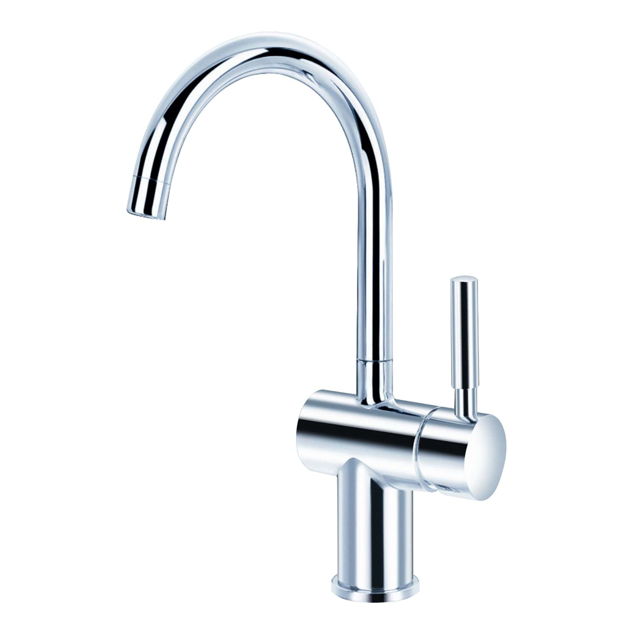Brass chrome kitchen tap with high curved spout and single lever handle, modern bathroom fixtures - Bubly Bathrooms.