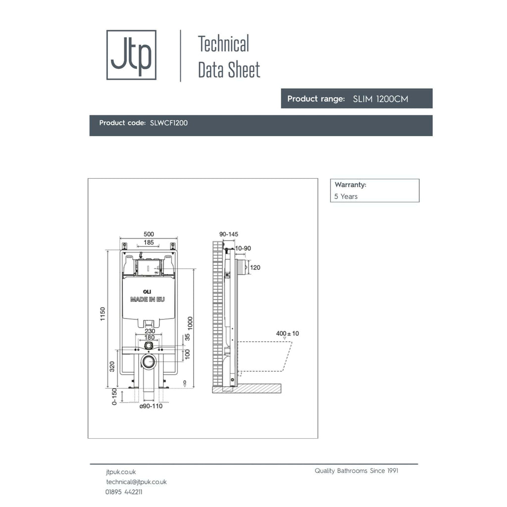 High-quality technical drawing of Bubly Bathrooms' Slim 1200cm toilet cistern, featuring detailed measurements and specifications for bathroom installation.