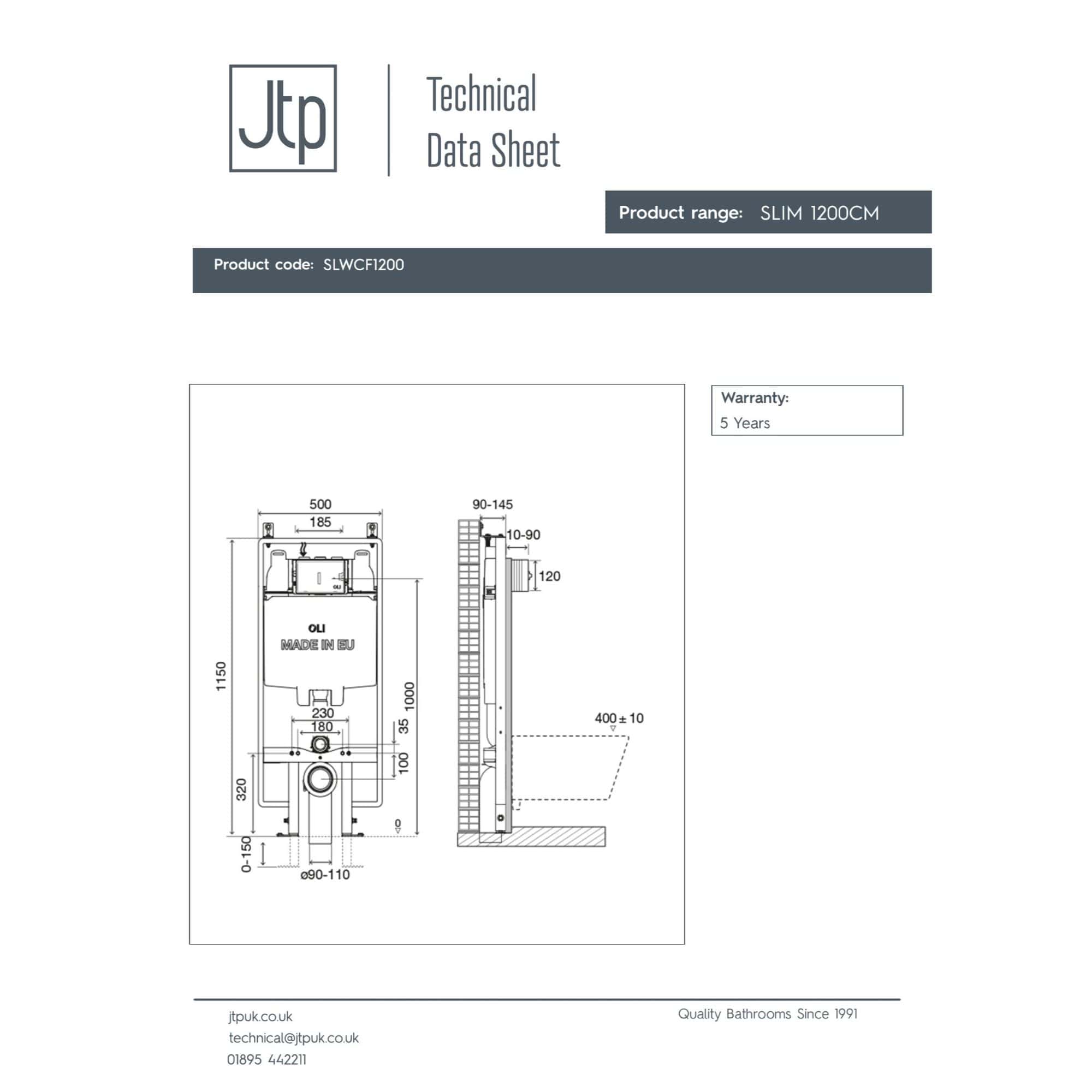 High-quality technical drawing of Bubly Bathrooms' Slim 1200cm toilet cistern, featuring detailed measurements and specifications for bathroom installation.