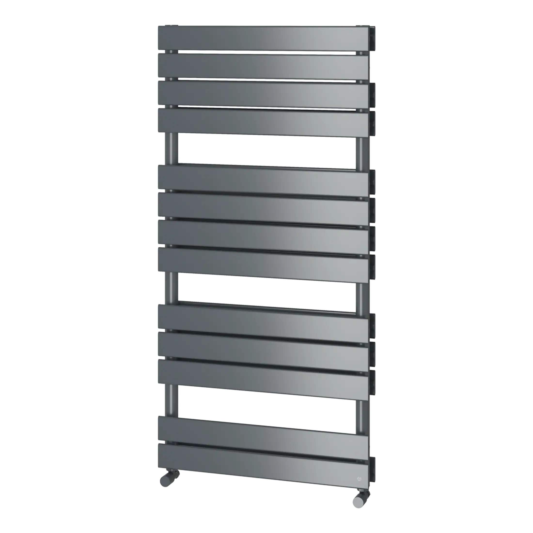 Contemporary towel radiator in sleek grey with horizontal panels, ideal for modern bathrooms and heating solutions.