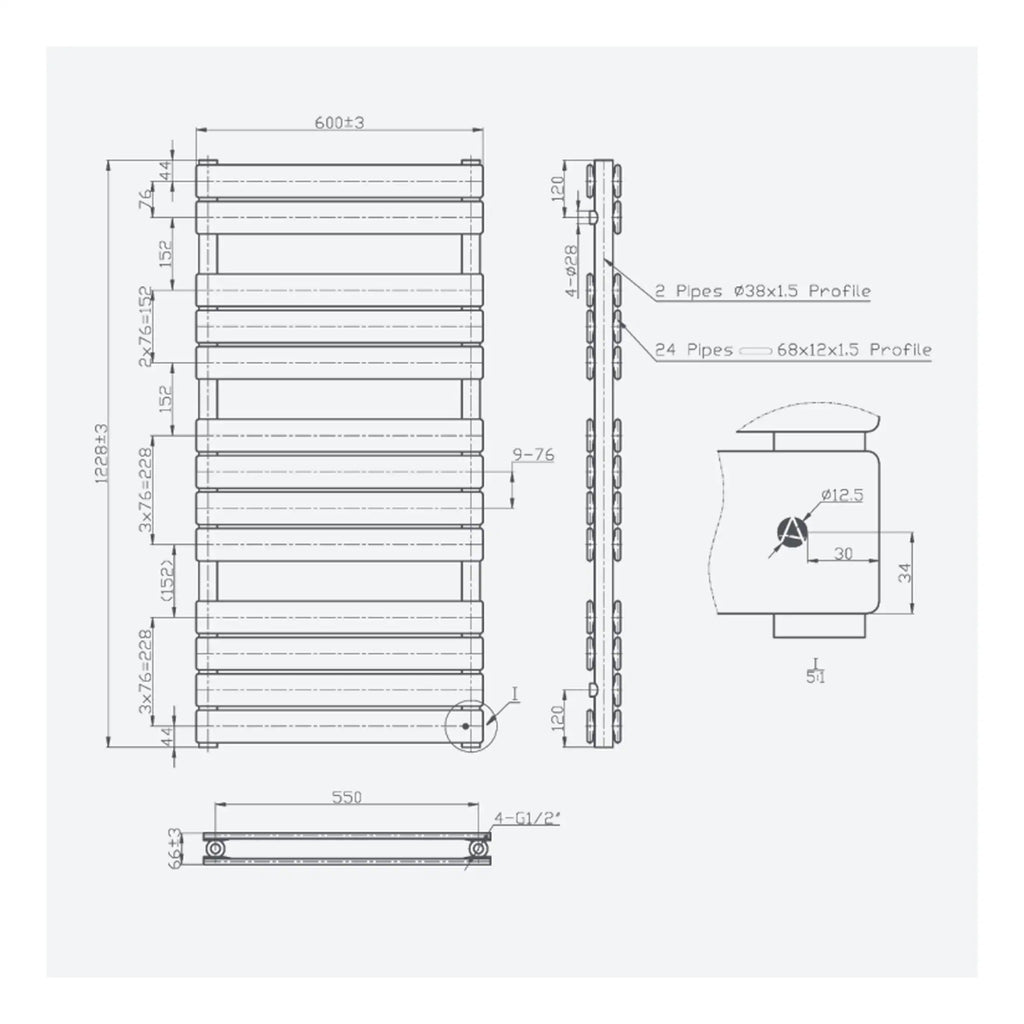 High-quality technical bathroom radiator design with detailed measurements and pipe specifications for modern Bubly bathrooms. Perfect for bathroom heating solutions.