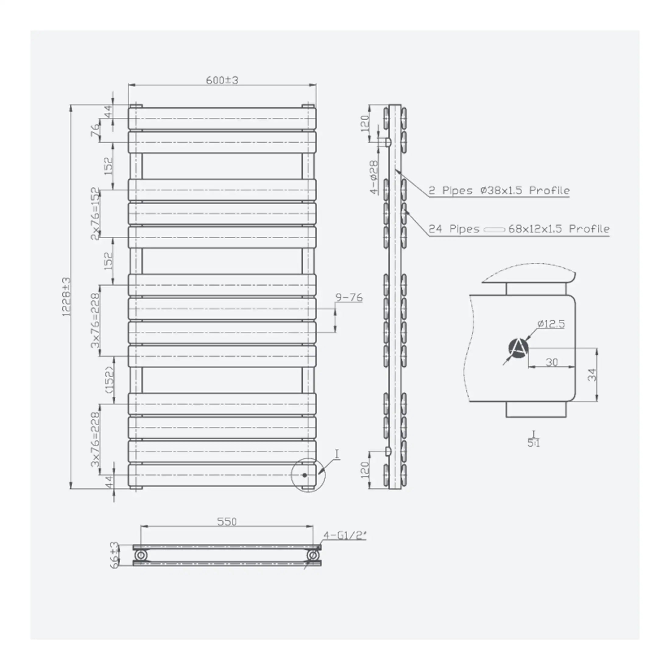 High-quality technical bathroom radiator design with detailed measurements and pipe specifications for modern Bubly bathrooms. Perfect for bathroom heating solutions.