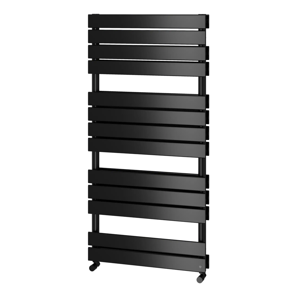 Black modern bathroom radiator with horizontal slats and mobility wheels, ideal for contemporary bathroom decor and heated towel rail solutions.