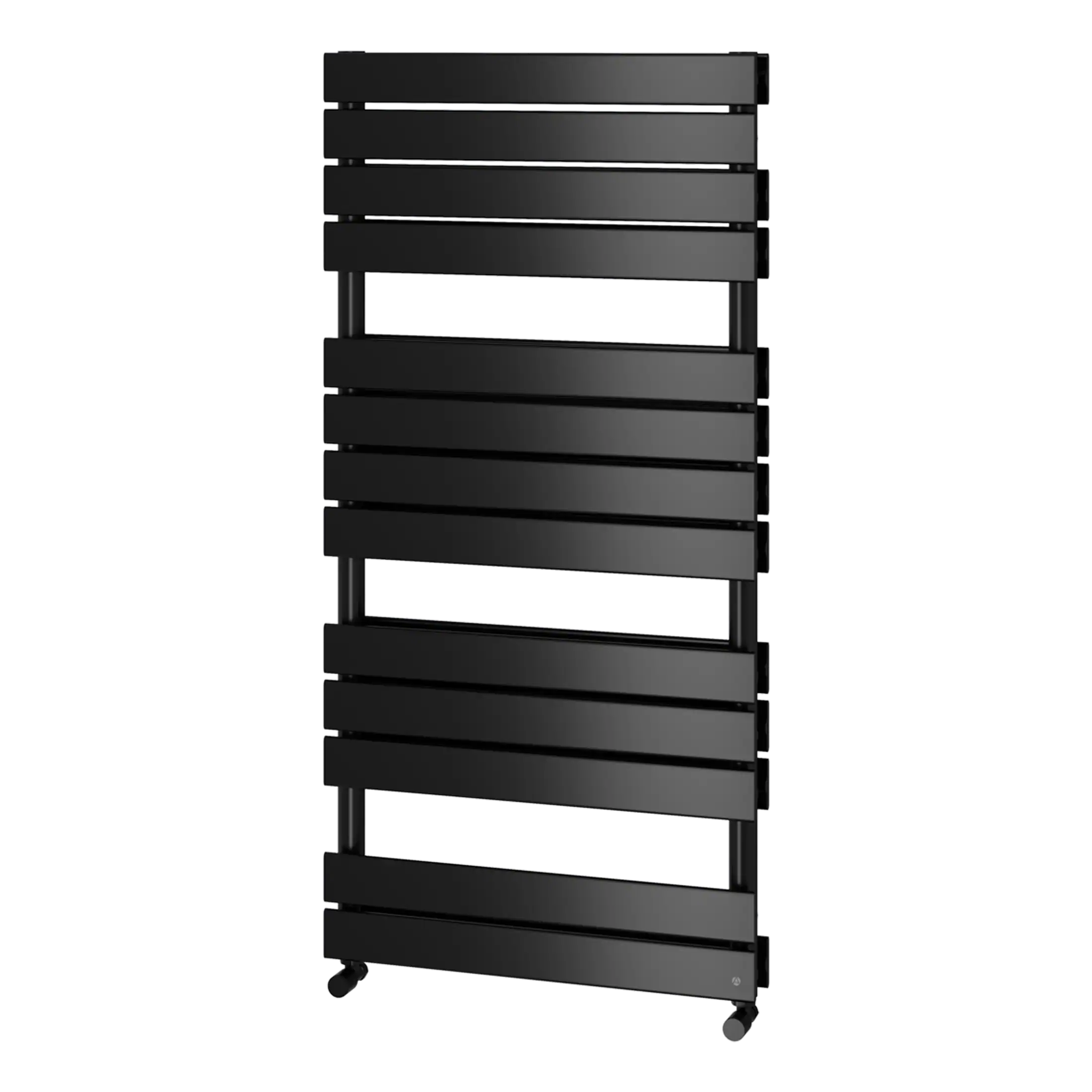 Black modern bathroom radiator with horizontal slats and mobility wheels, ideal for contemporary bathroom decor and heated towel rail solutions.