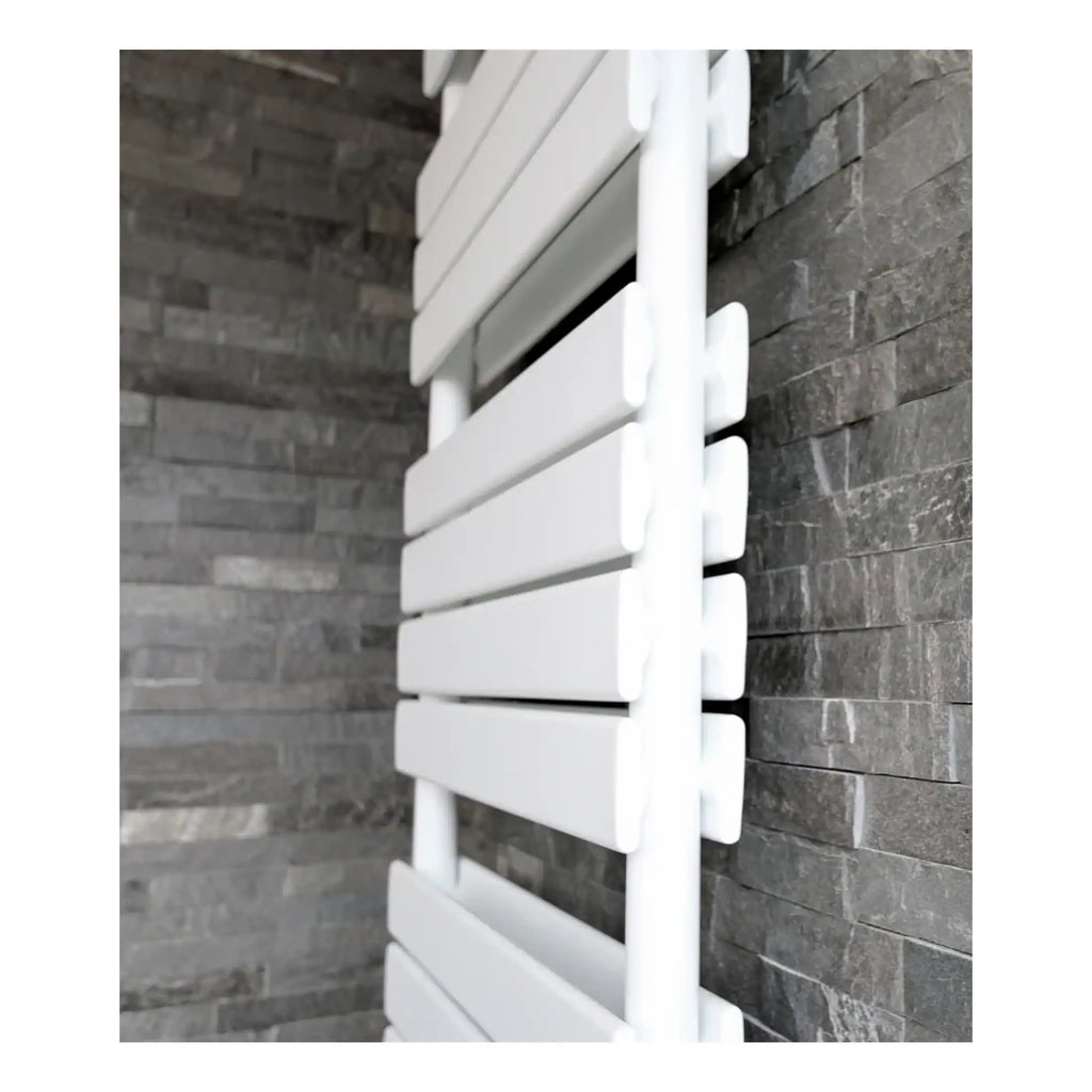 Modern white radiator with horizontal panels suited for contemporary bathrooms. Perfect for towel warmth and heating, enhancing any bathroom decor.