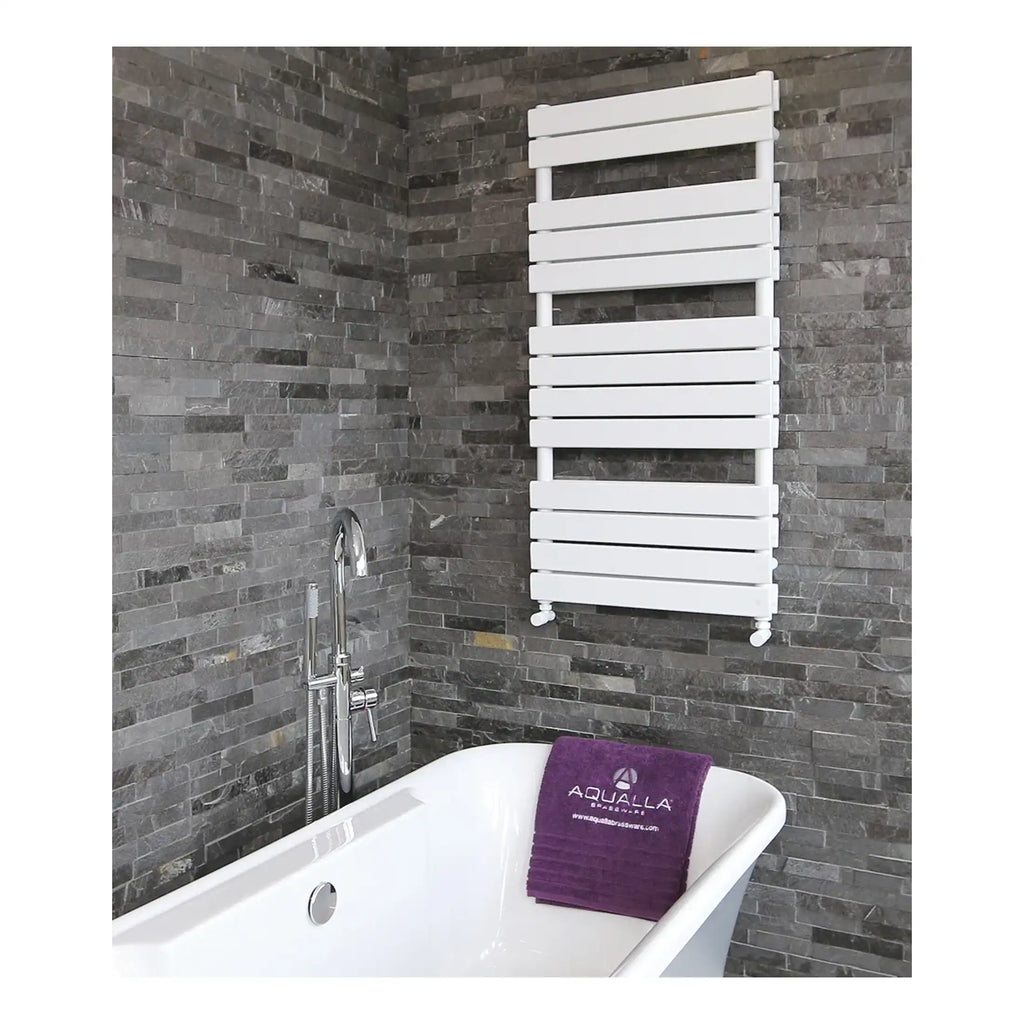 Radiator towel warmer in a modern bathroom with grey tiled walls and a freestanding bathtub, showcasing stylish bathroom radiator solutions by Bubly Bathrooms.