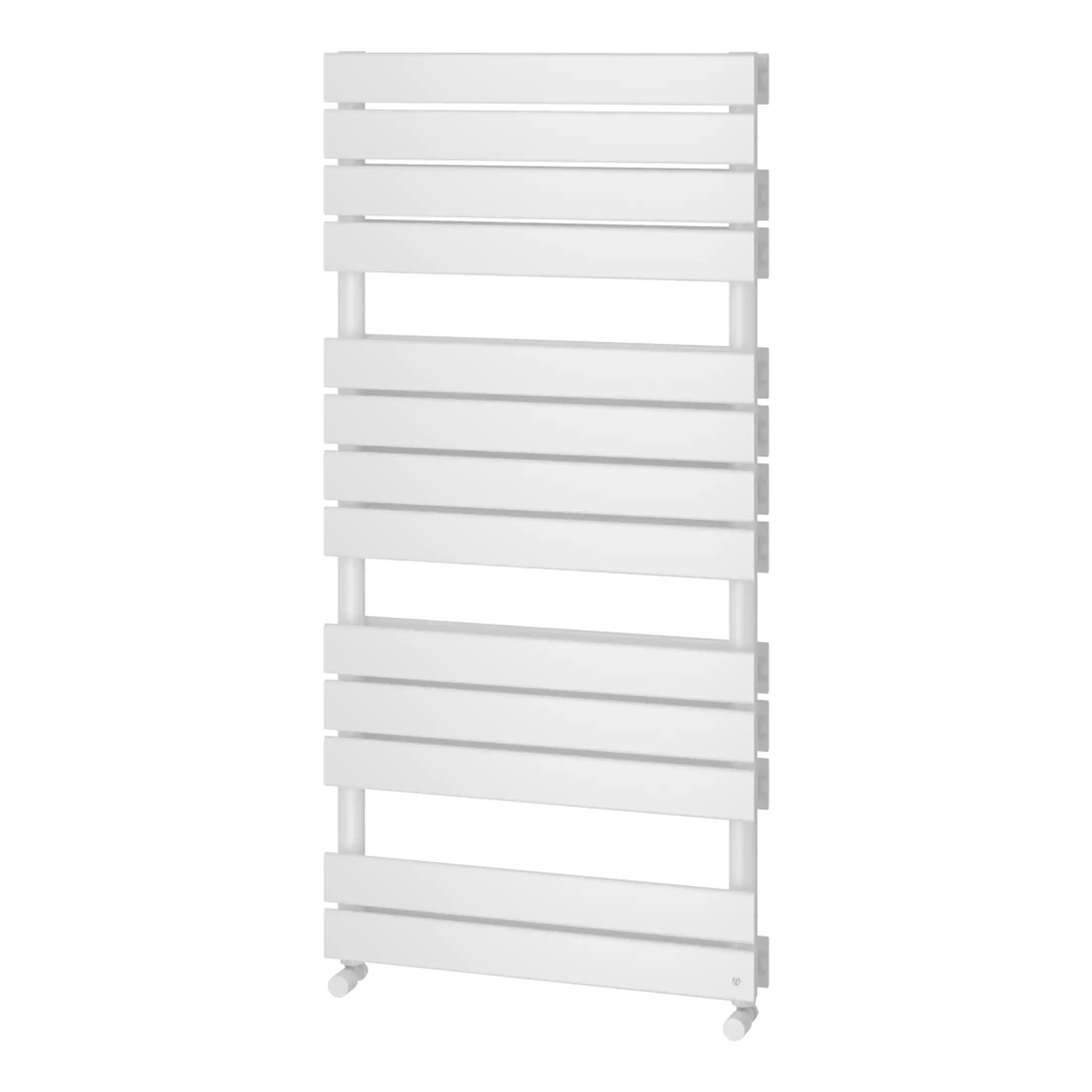 Luxurious white heated towel rail with horizontal bars, perfect for modern bathrooms, offering efficient heat distribution and stylish design by Bubly Bathrooms.
