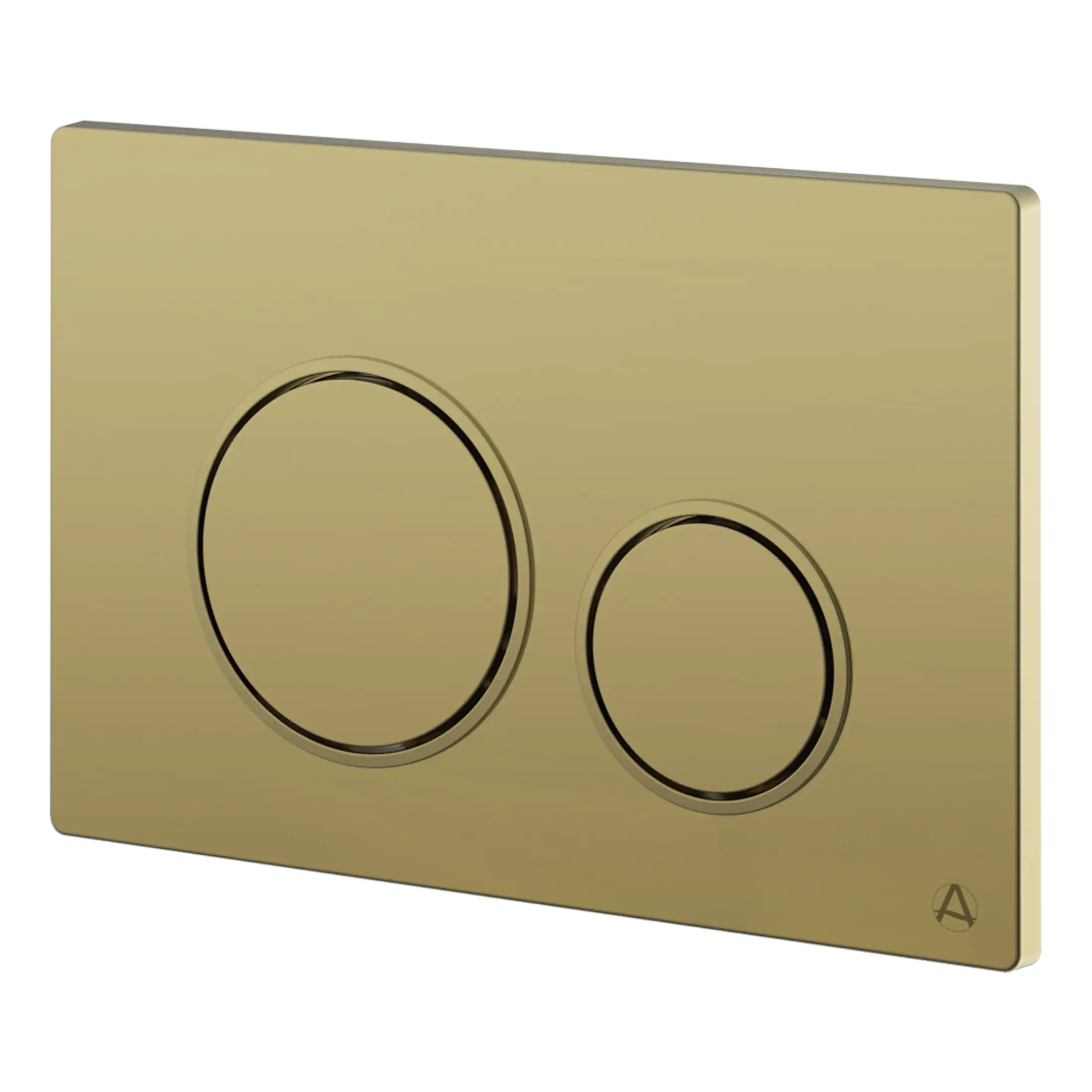 Highly polished gold flush plate with two circular buttons, designed for modern bathroom toilet systems, adding luxury and style.