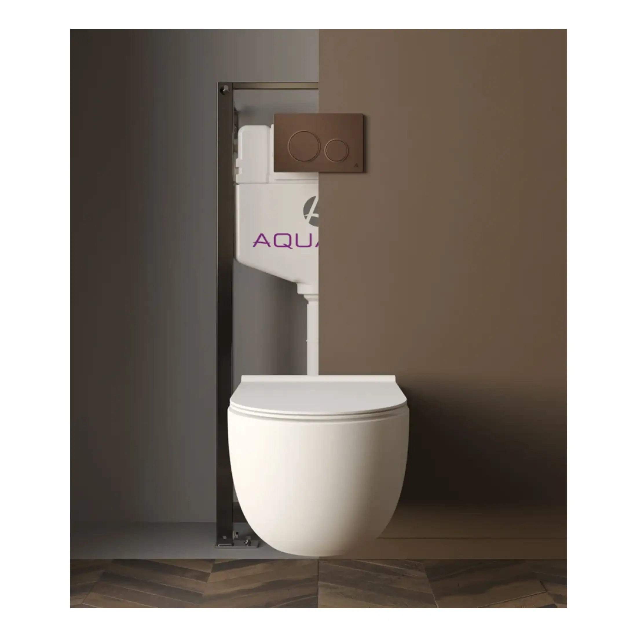 Modern wall-mounted toilet with concealed cistern and flush buttons in a contemporary bathroom setting.