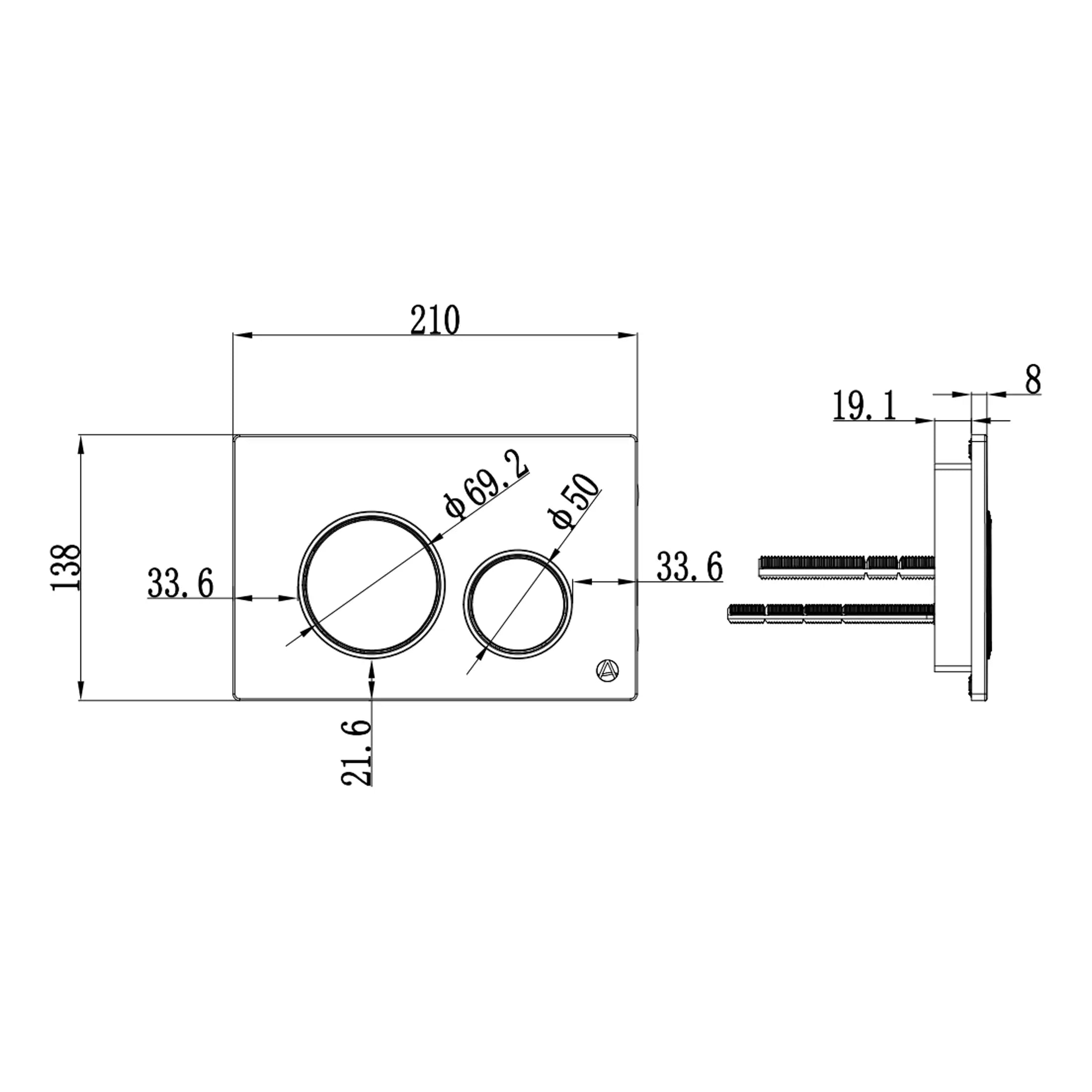 High-quality bathroom plumbing panel with precise measurements for installation, featuring two circular outlets for water connections, ideal for modern bathroom renovation projects.