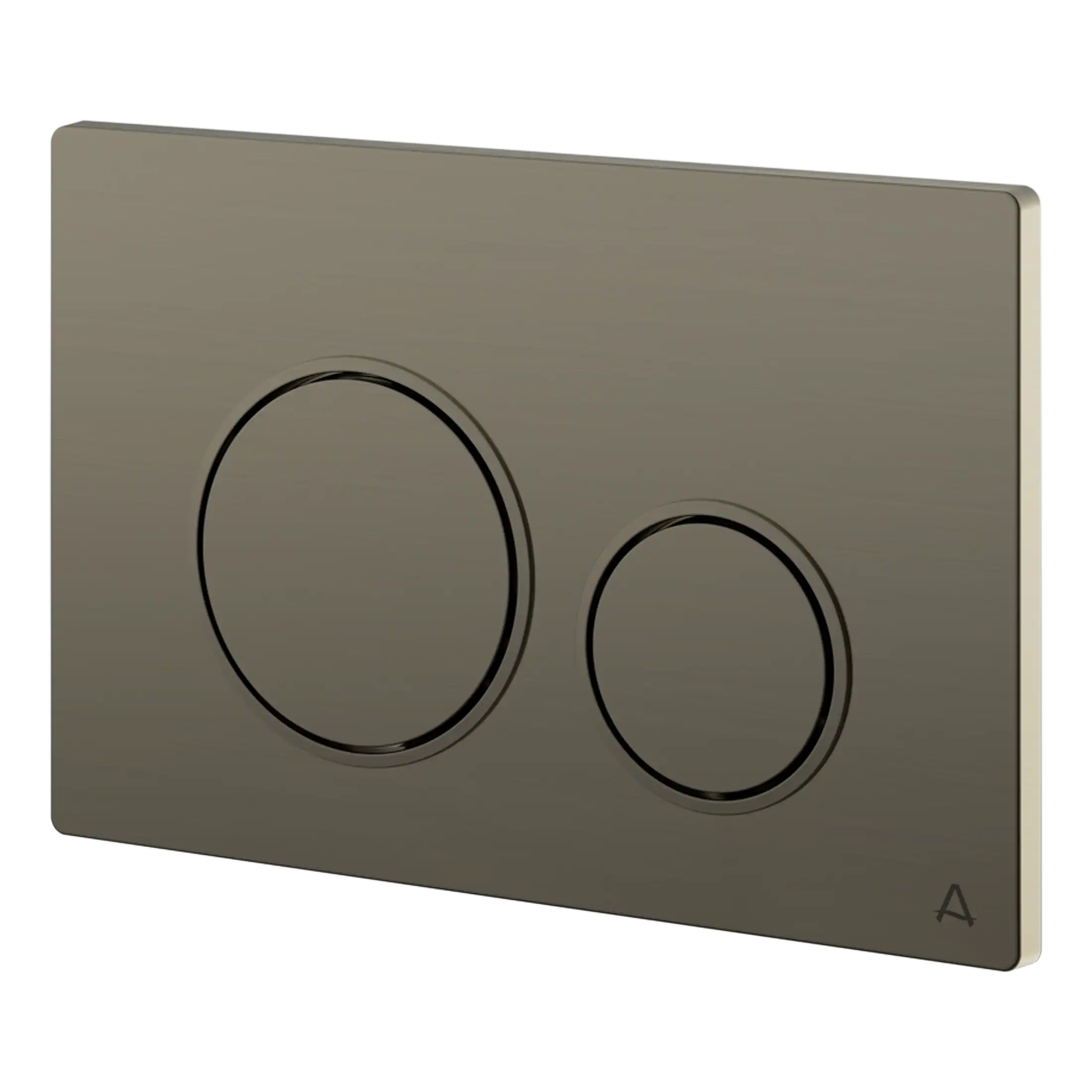 Flush plate for modern bathroom toilet, stainless steel dual flush button, wall-mounted, sleek design, Bubly Bathrooms.