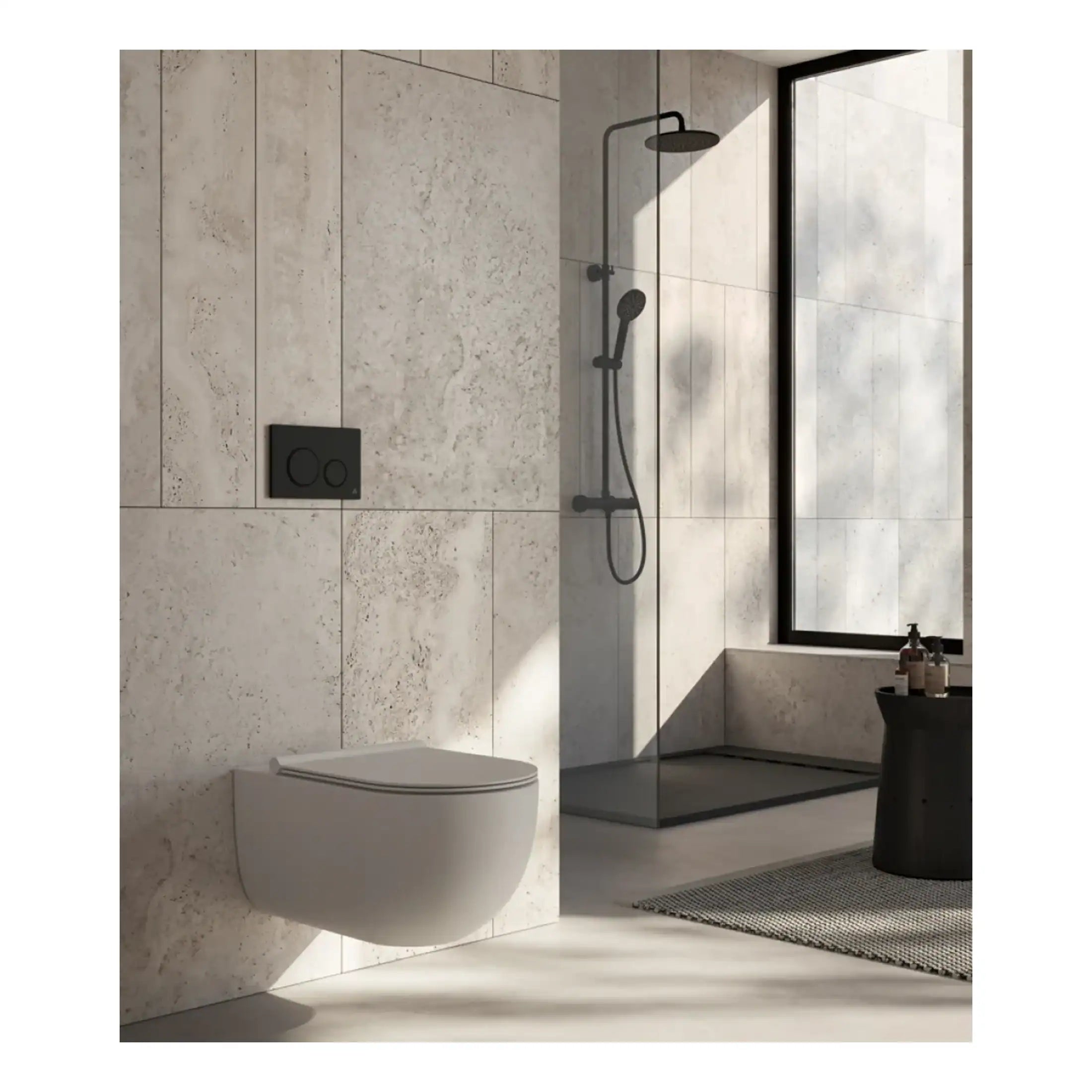 Sleek modern bathroom featuring a wall-mounted toilet, walk-in shower with black fixtures, and contemporary design elements, creating a clean and minimalist look.