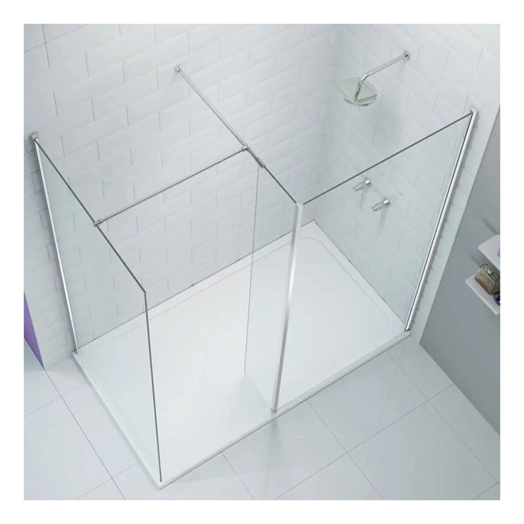 Shower enclosure with transparent glass panels and silver metal frame, designed for modern bathrooms, installed on a tiled white floor with white brick wall background.