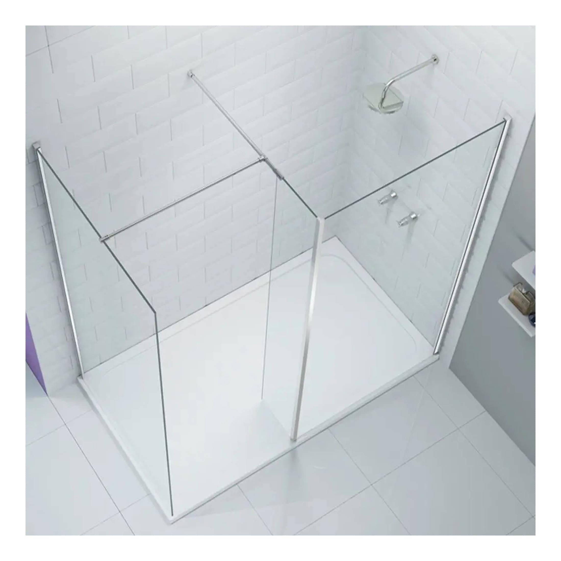 Shower enclosure with transparent glass panels and silver metal frame, designed for modern bathrooms, installed on a tiled white floor with white brick wall background.