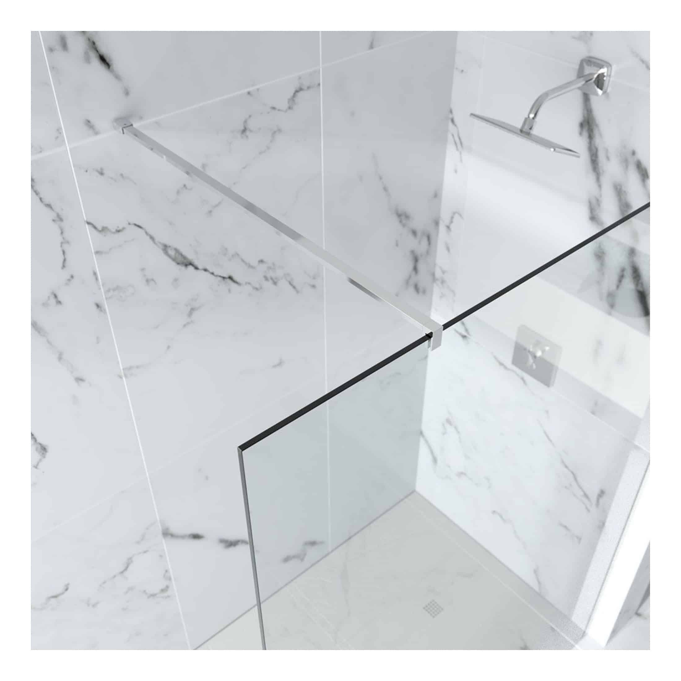 Shower enclosure with glass panels and marble tiles in modern bathroom, featuring sleek chrome hardware. Perfect for contemporary bathroom designs and shower upgrades.