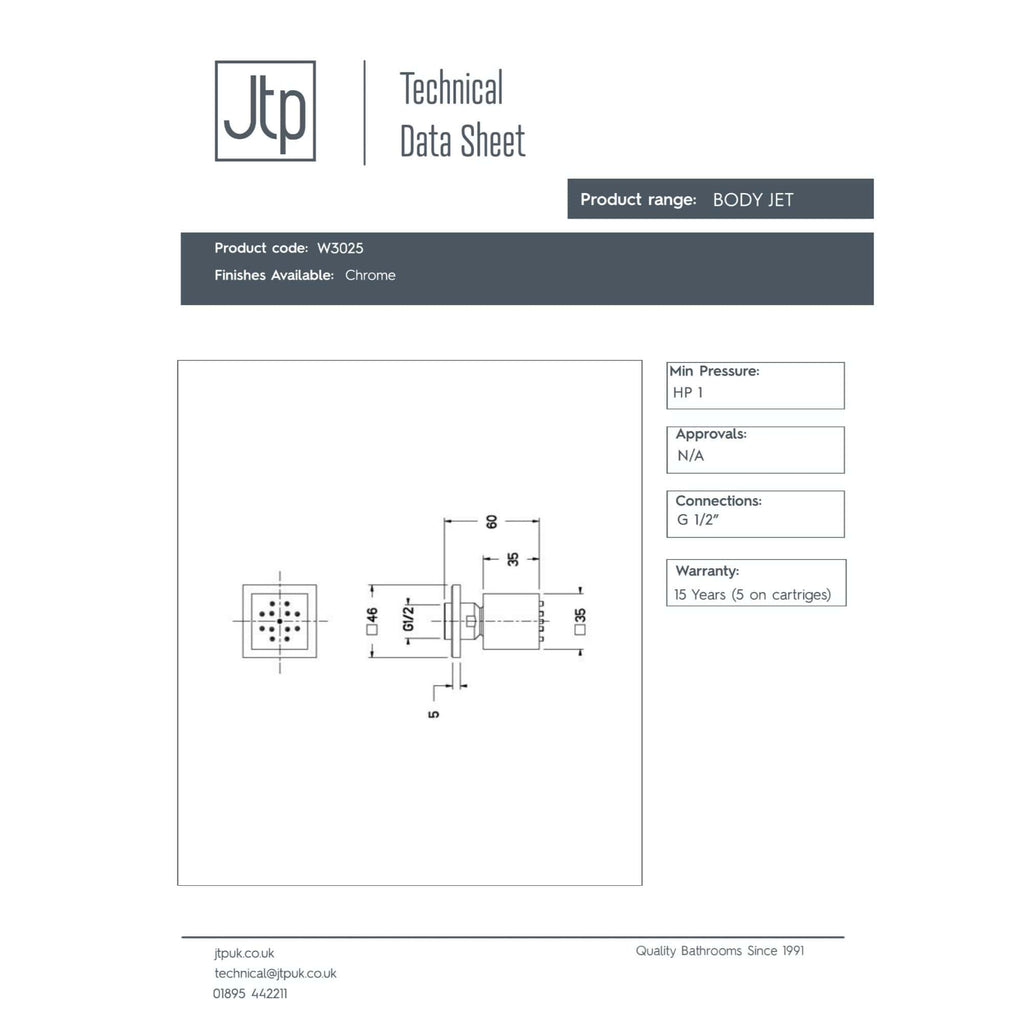 A modern chrome shower body jet with detailed technical specifications and dimensions for premium bathroom designs.