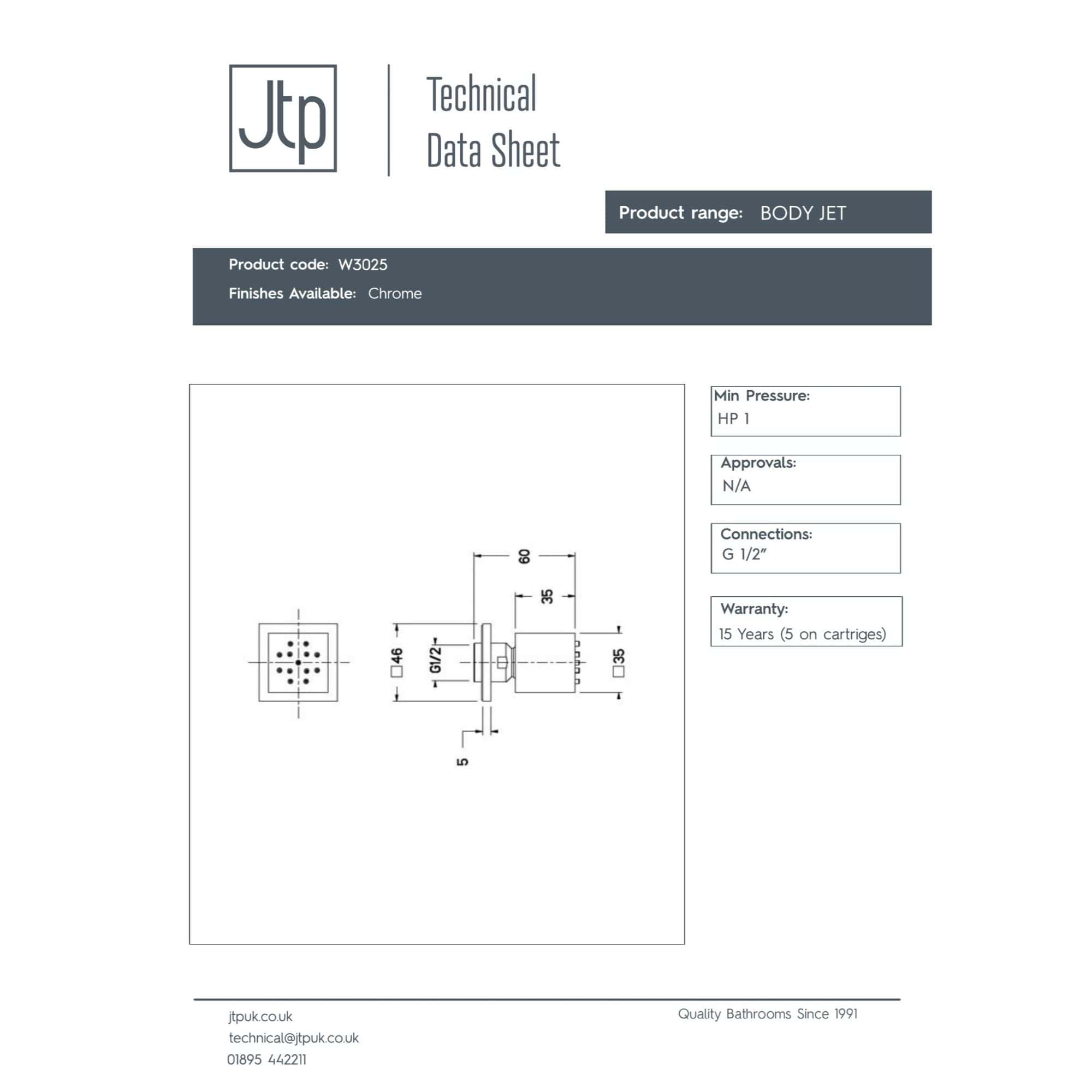 A modern chrome shower body jet with detailed technical specifications and dimensions for premium bathroom designs.