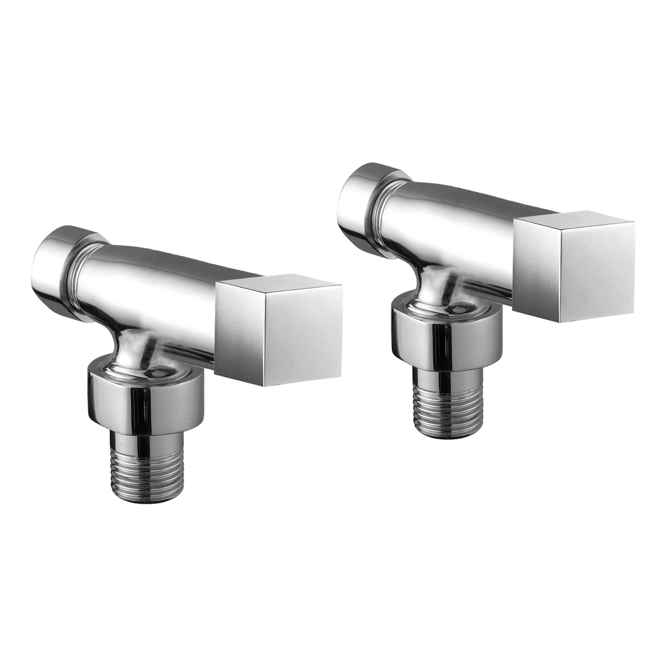 Shiny chrome bathroom radiator valves with square handles, designed for modern bathroom heating systems. High-quality fittings suitable for contemporary bathroom installations.