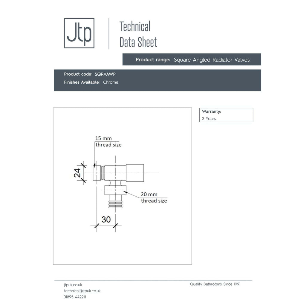 Square angled radiator valve technical data sheet for bathroom radiators, chrome finish, with detailed measurements and specifications for plumbing and heating installation.