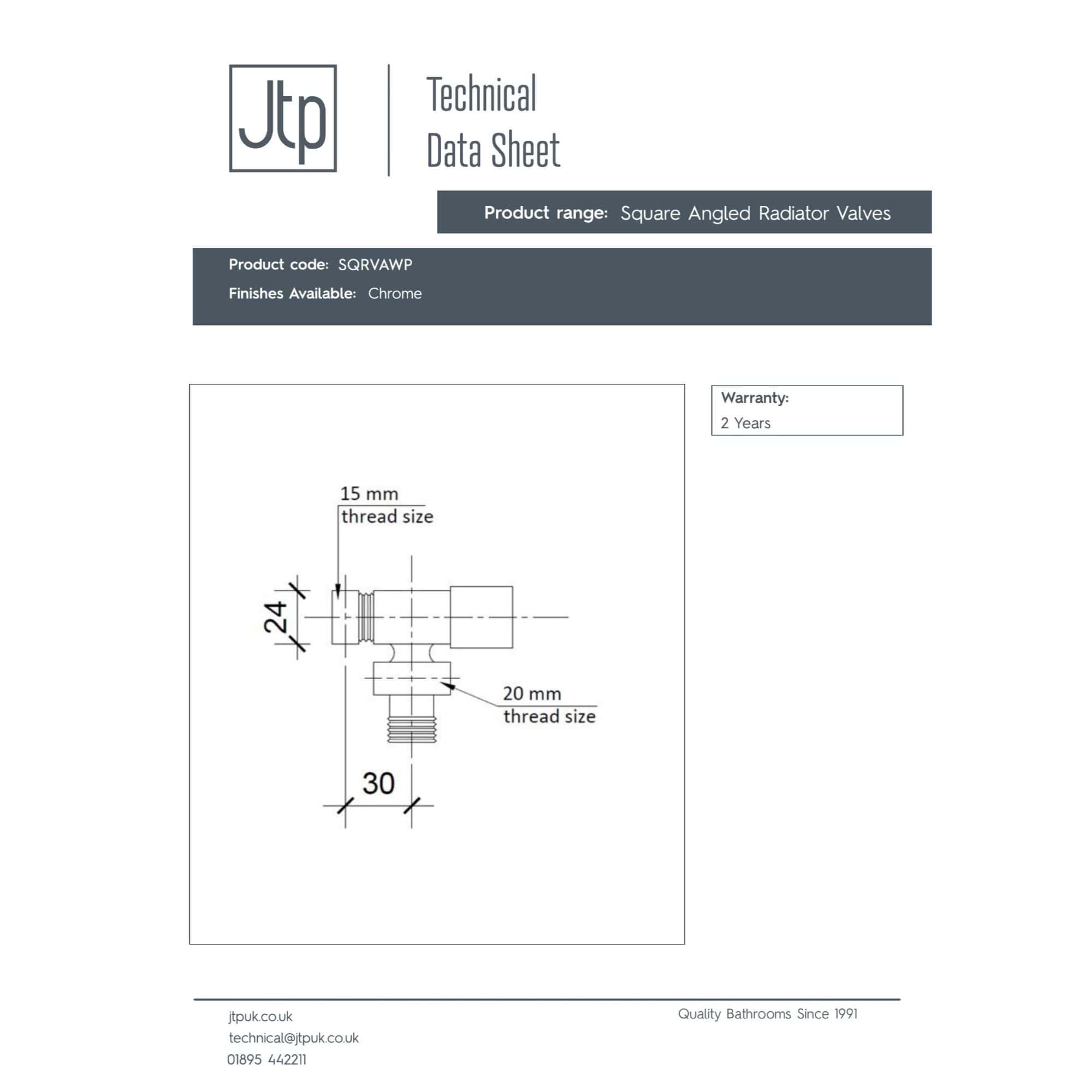 Square angled radiator valve technical data sheet for bathroom radiators, chrome finish, with detailed measurements and specifications for plumbing and heating installation.