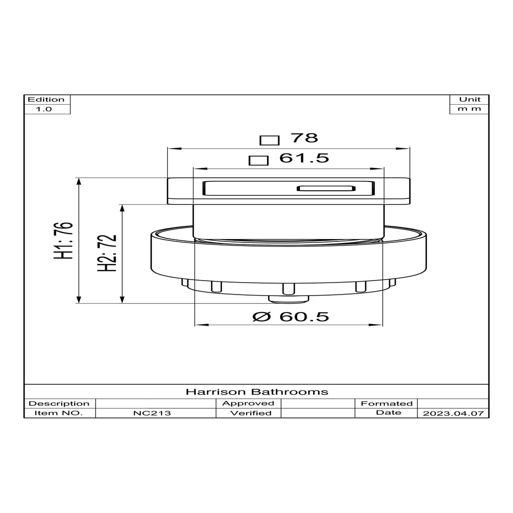 Scudo Gunmetal Square Dual Flush Button - technical drawing with dimensions