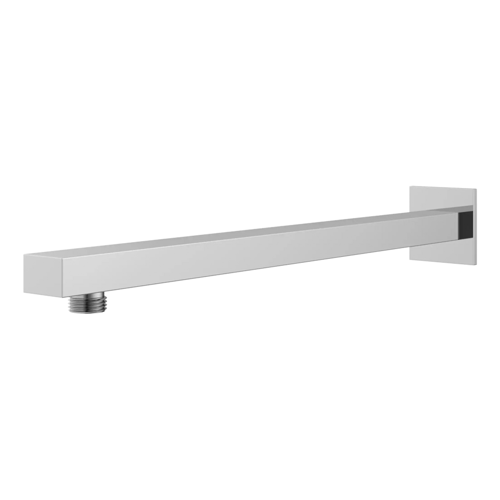Sleek chrome bathroom shower arm with wall mount and threaded connection for easy installation. Modern and durable design from Bubly Bathrooms for upscale bathroom fixtures.