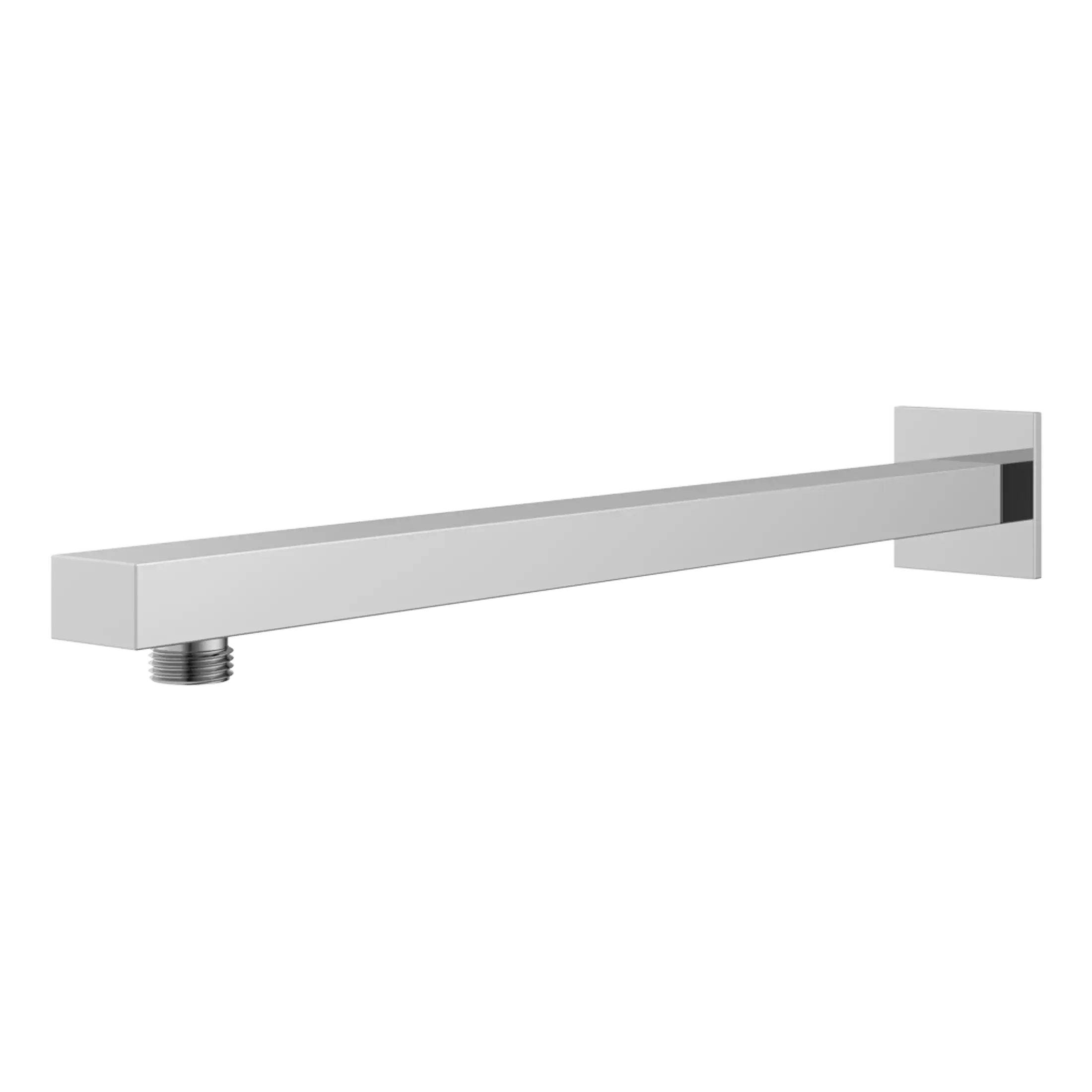 Sleek chrome bathroom shower arm with wall mount and threaded connection for easy installation. Modern and durable design from Bubly Bathrooms for upscale bathroom fixtures.