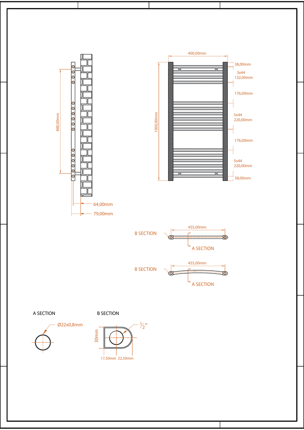 Scudo Strive Vertical Anthracite Towel Radiator - technical drawing with dimensions