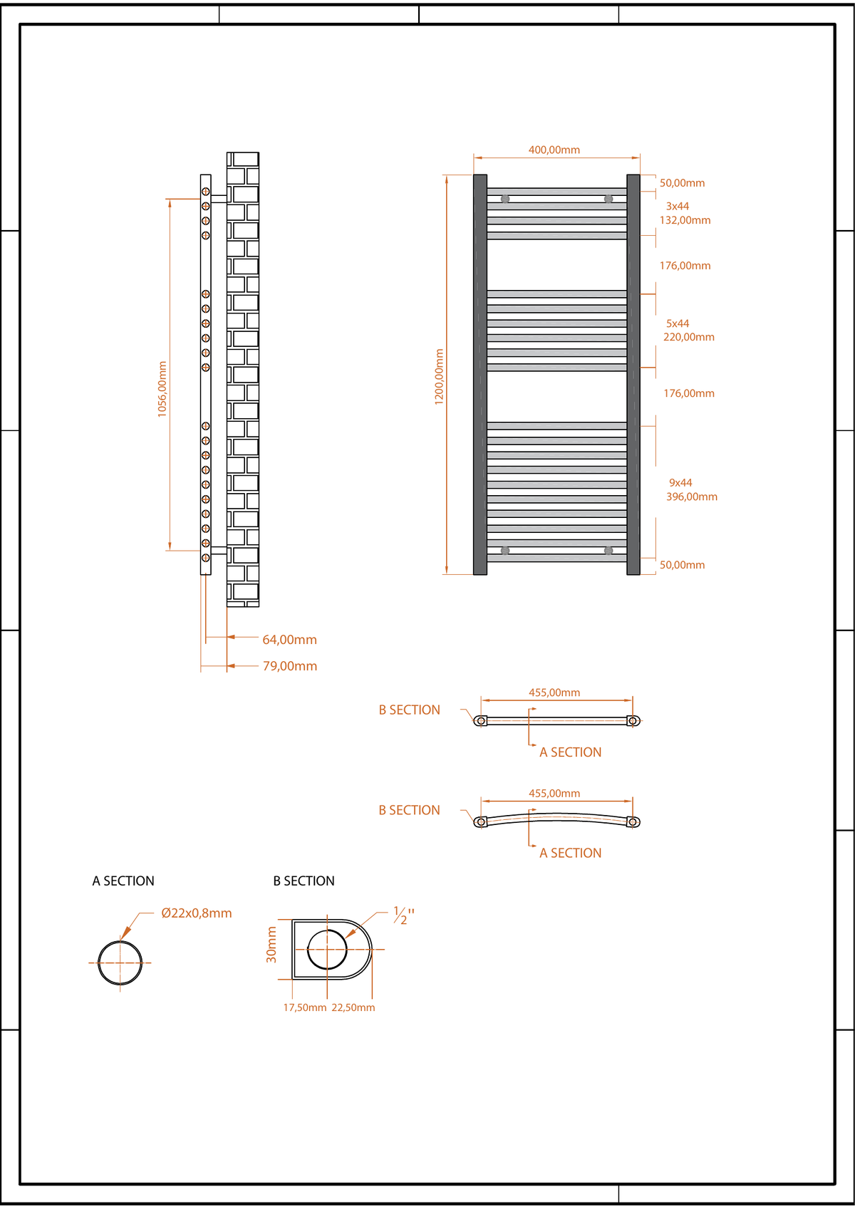 Scudo Strive Vertical Anthracite Towel Radiator - technical drawing with dimensions