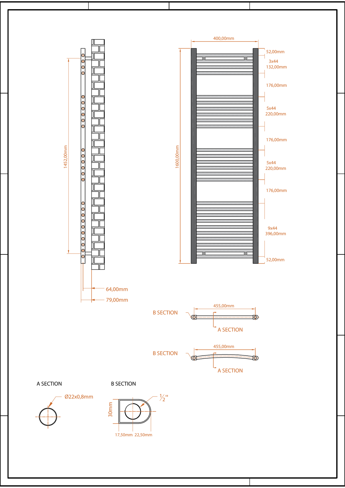 Scudo Strive Vertical Anthracite Towel Radiator - technical drawing with dimensions