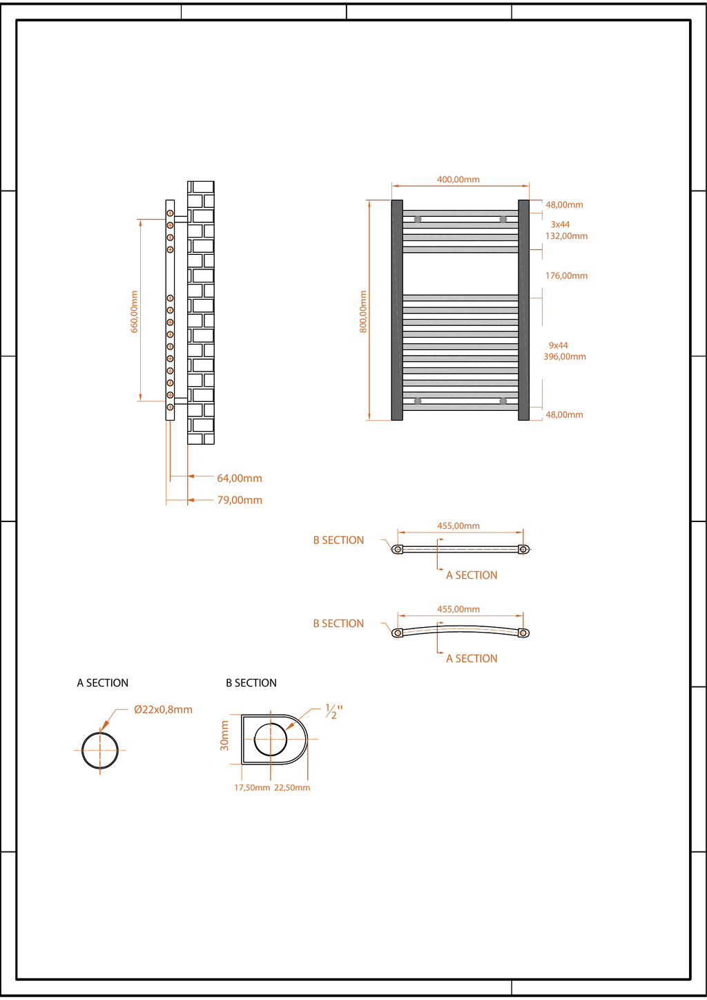 Scudo Strive Vertical Anthracite Towel Radiator - technical drawing with dimensions