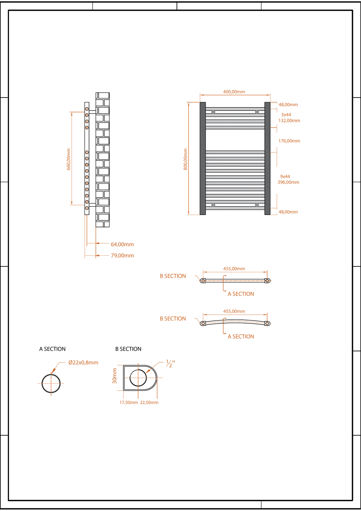 Scudo Strive Vertical Anthracite Towel Radiator - technical drawing with dimensions
