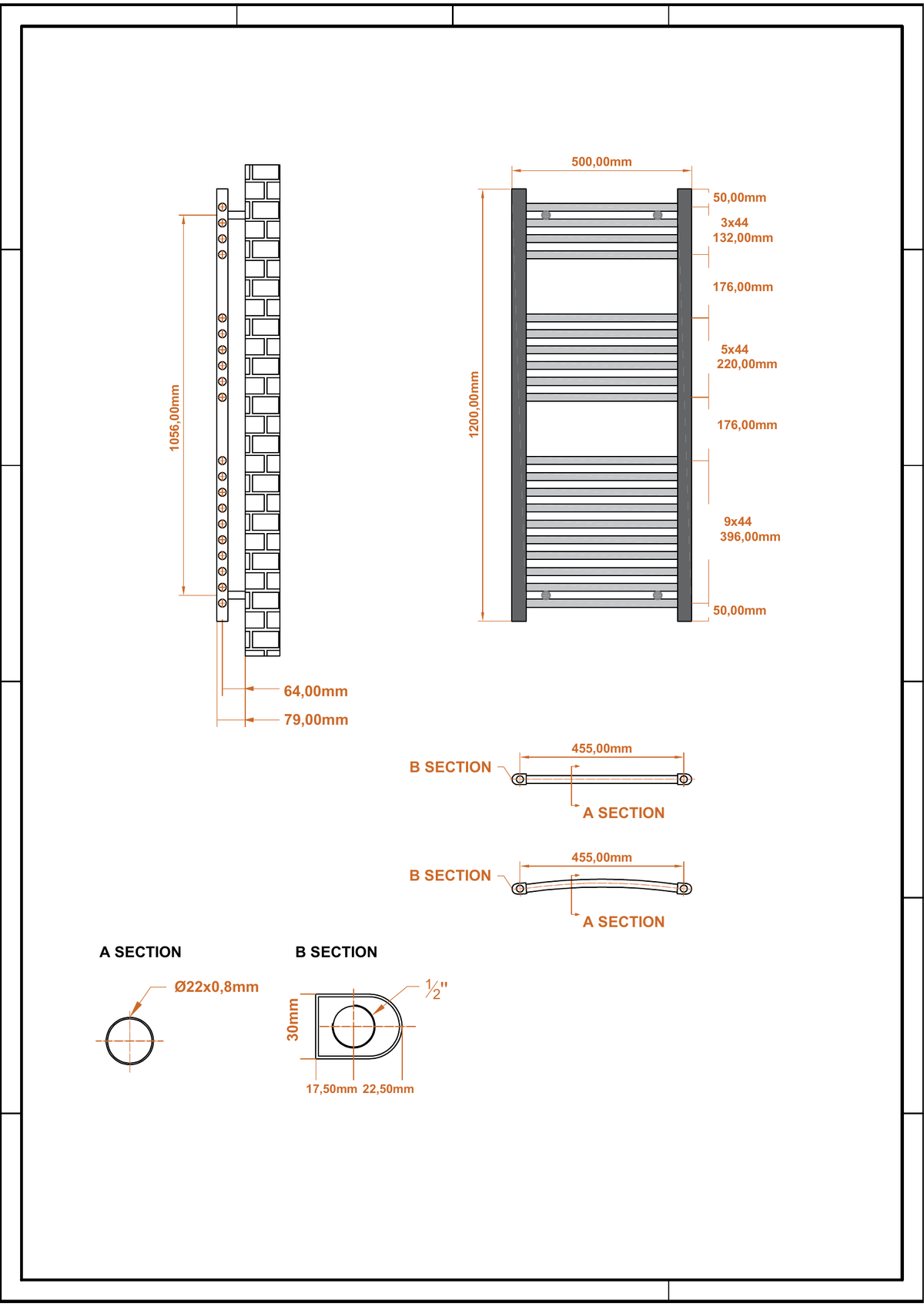Scudo Strive Vertical Chrome Towel Radiator - technical drawing with dimensions