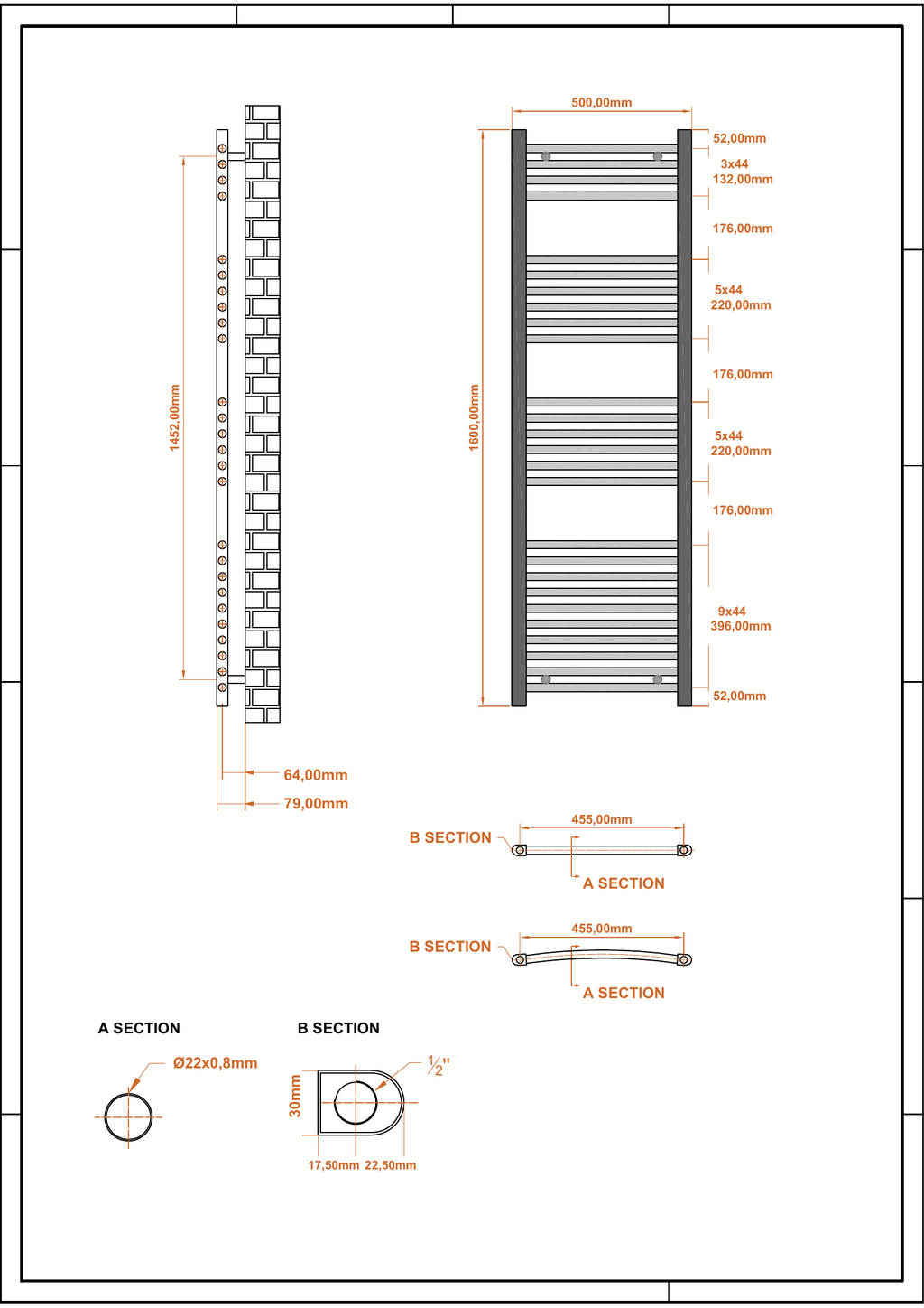 Scudo Strive Vertical Chrome Towel Radiator - technical drawing with dimensions