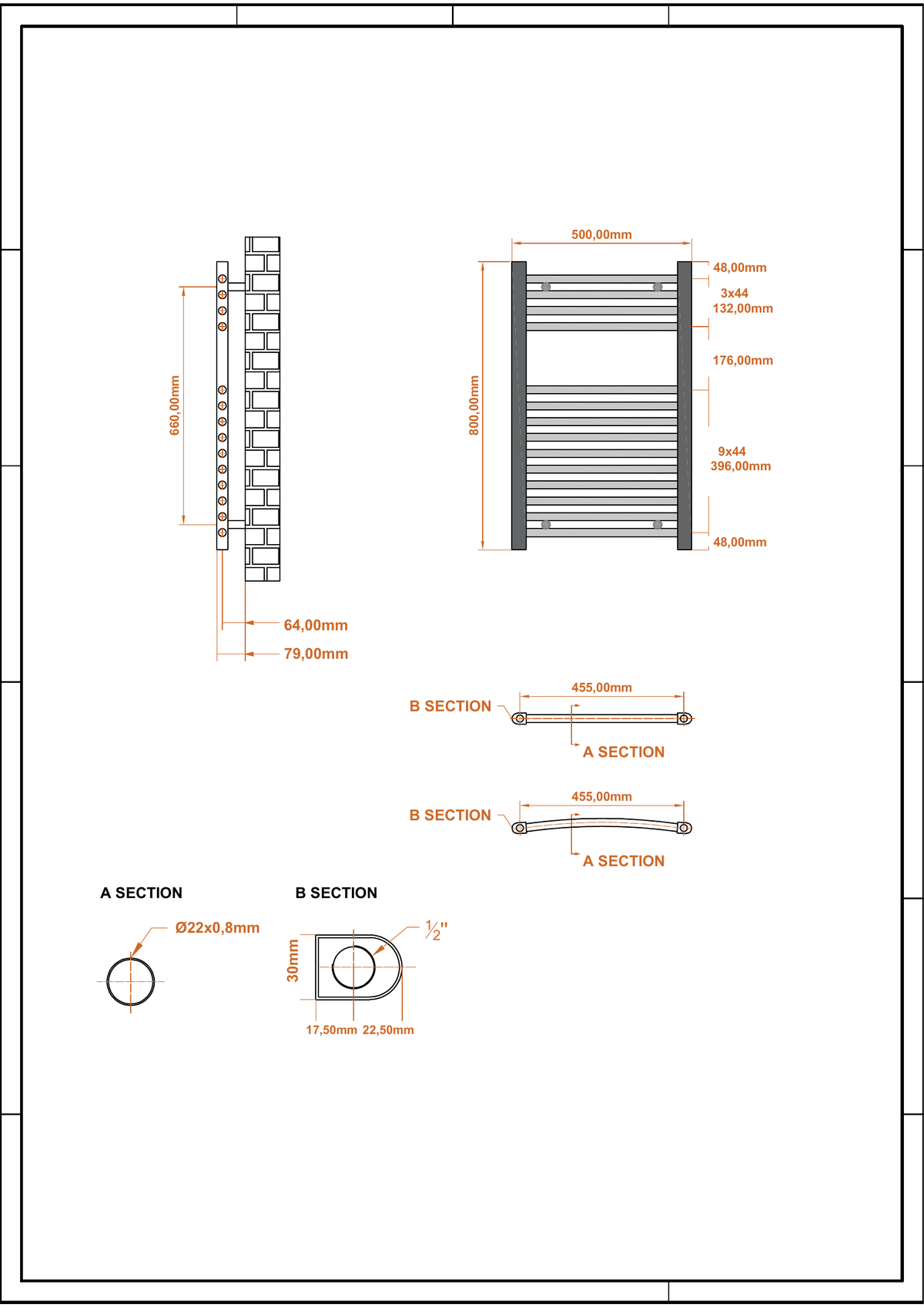 Scudo Strive Vertical Chrome Towel Radiator - technical drawing with dimensions