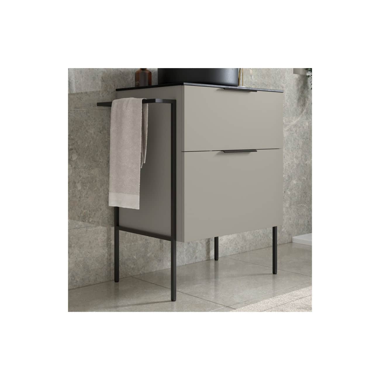 Sleek modern bathroom vanity unit with storage drawers and towel rail, in a contemporary minimalist design, ideal for stylish bathroom organisation.