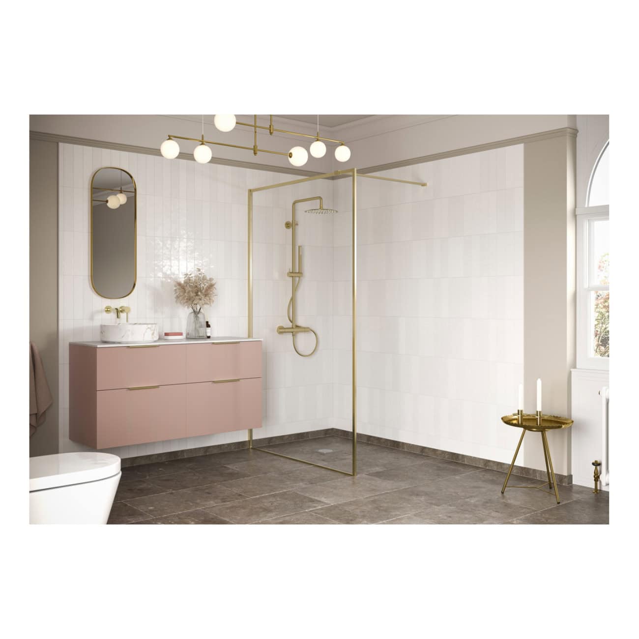 Modern bathroom with pink vanity, gold accents, and a stylish walk-in shower featuring a rainfall showerhead; bright, airy space with contemporary design and elegant fixtures.