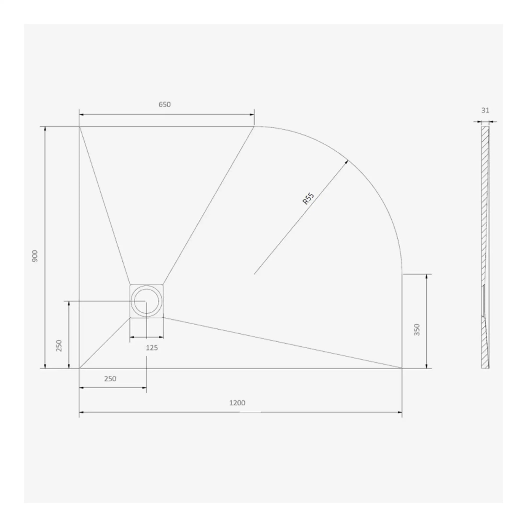 Elegant shower tray layout with precise measurements for custom bathroom design, featuring dimensions, radius, and installation details for ideal bathroom renovation.