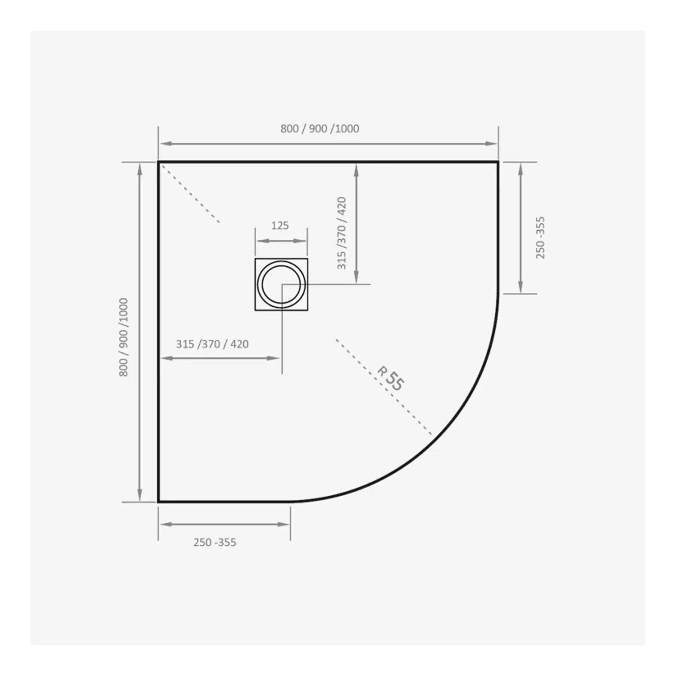 Precise shower tray dimensions with detailed measurements and radius corner design for custom bathroom installation, ideal for modern bathroom setups in the UK.