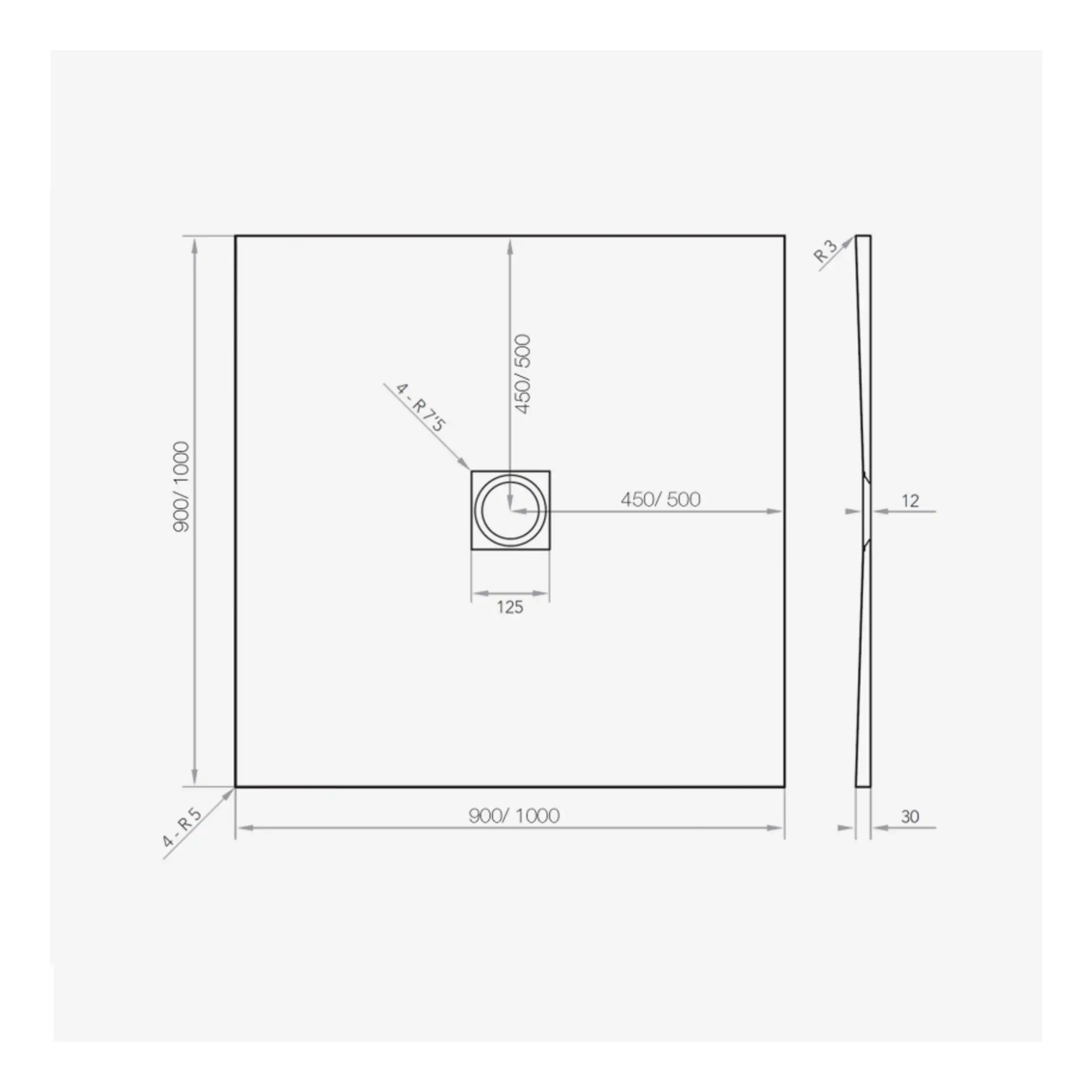 High-quality bathroom layout drawing with detailed dimensions for Bubly Bathrooms, showcasing a modern shower base with precise measurements and specifications for customised bathroom installation.