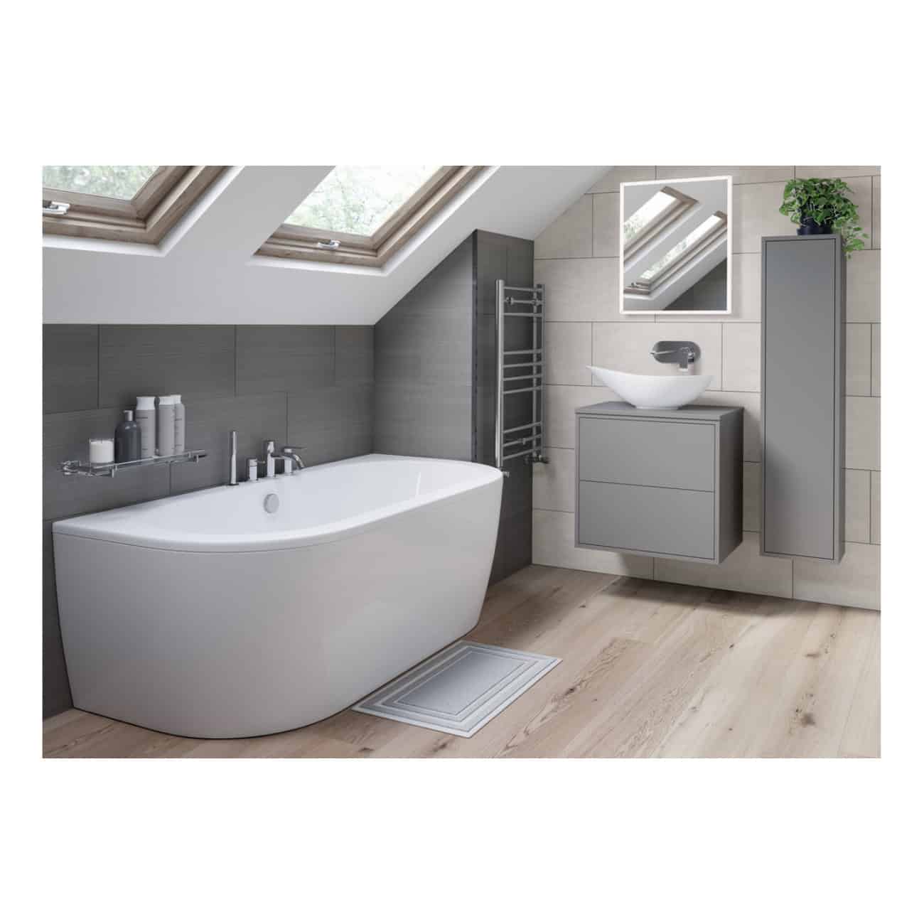 Contemporary bathroom with freestanding white bathtub, modern grey vanity unit with vessel sink, wall-mounted mirror, and sleek storage cabinets under skylight windows for natural light.
