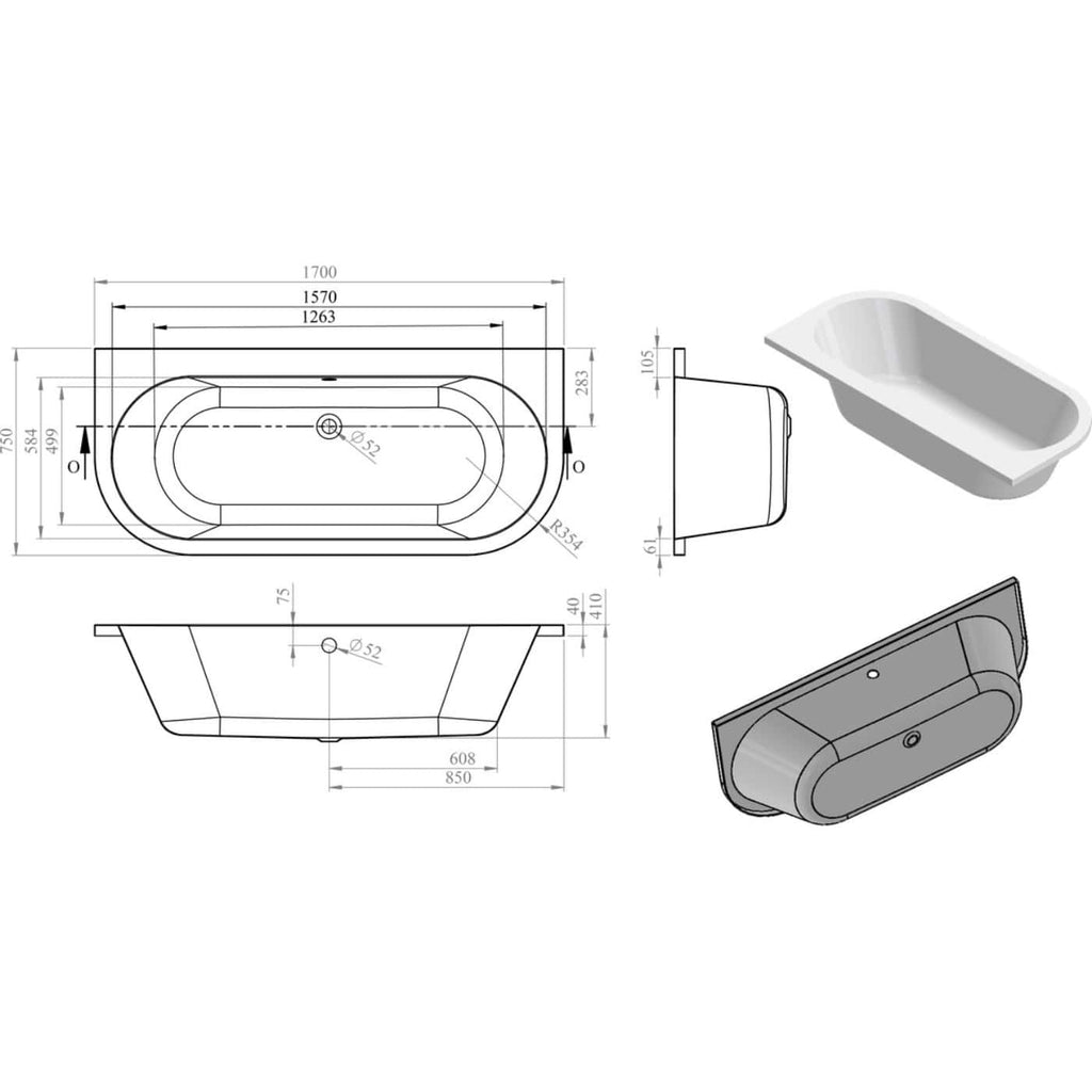 Modern bathtub technical drawing with precise dimensions, side views, and 3D renderings for custom bathroom design. Ideal for bathroom renovation projects and plumbing layout planning.