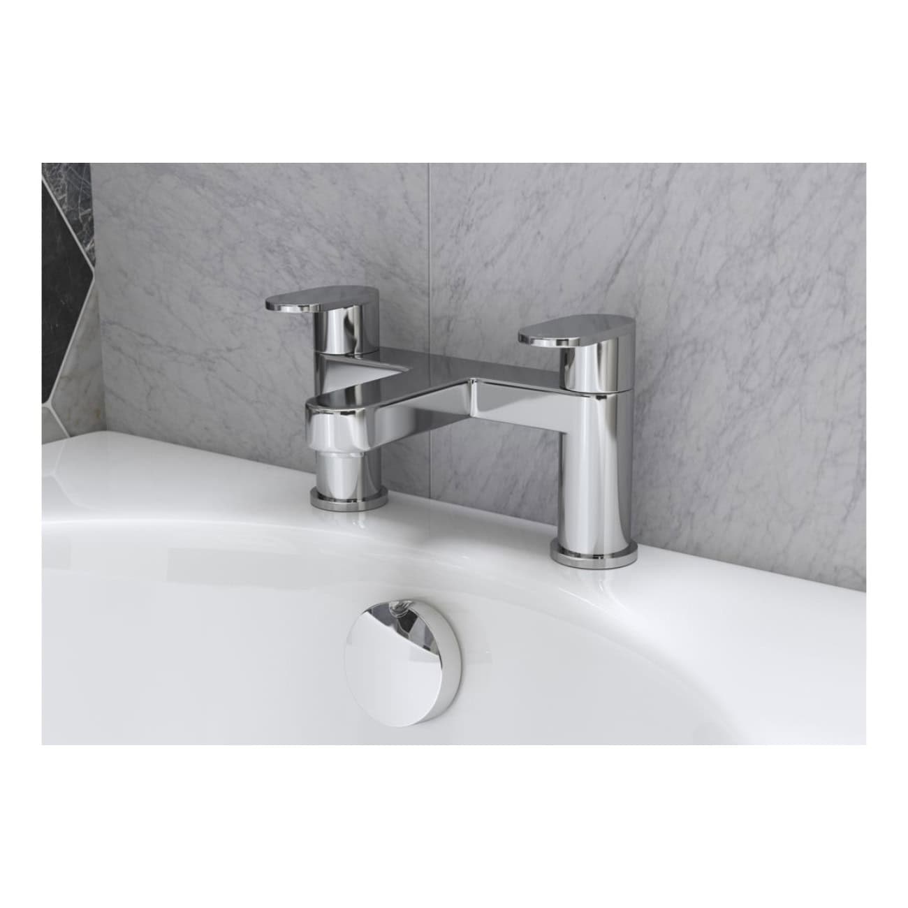 Sleek chrome bathroom mixer tap installed on a white ceramic sink with a marble tiled wall backdrop, ideal for modern bathroom decor.