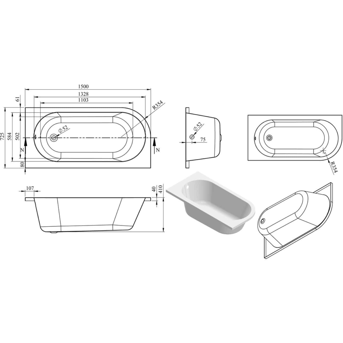 Aluminium bathtub technical drawing with dimensions and 3D perspective for bathroom renovation and fittings.
