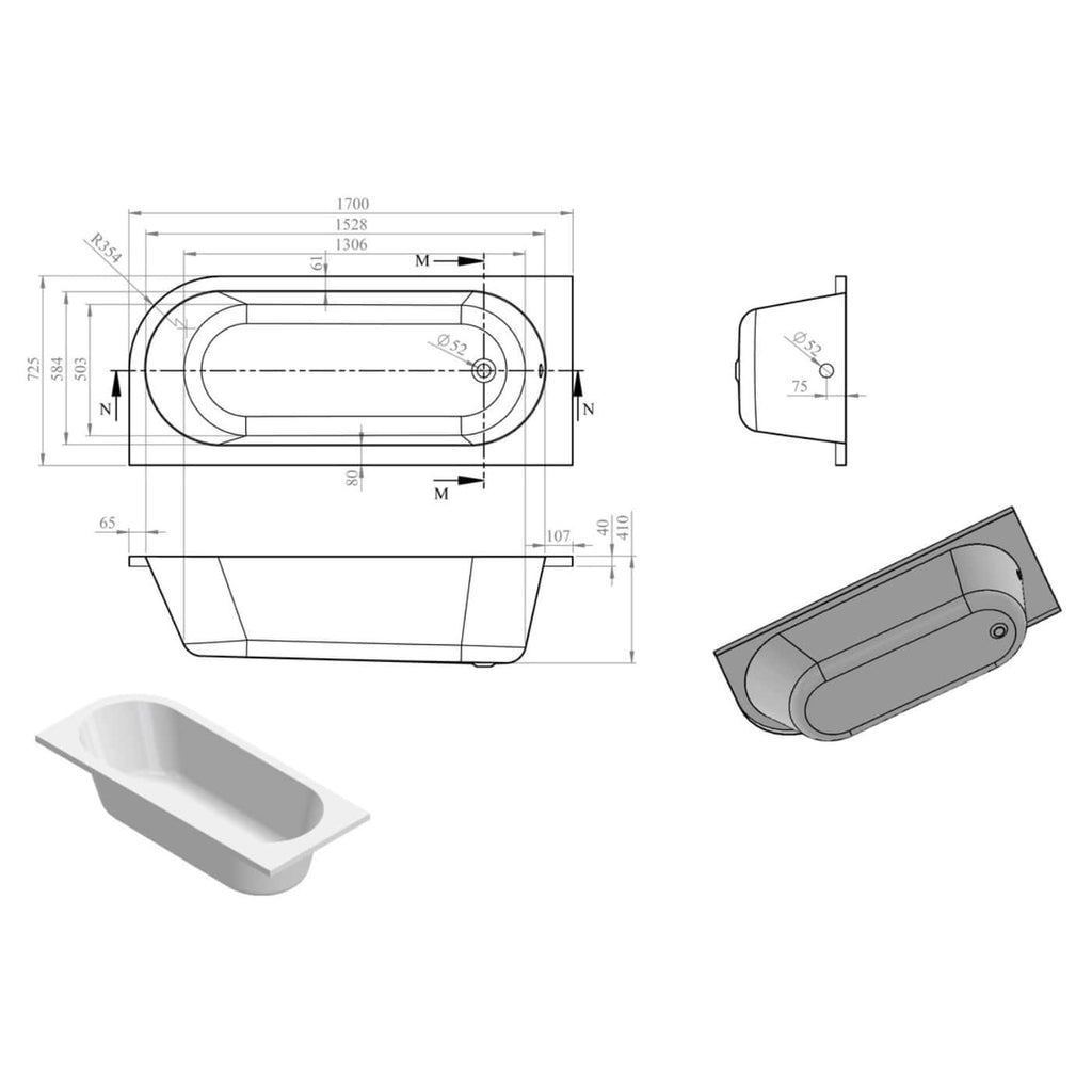 Elegant white bathtub with detailed technical drawing and 3D renderings, perfect for bathroom renovation and design projects. Showcasing dimensions, installation, and modern style.