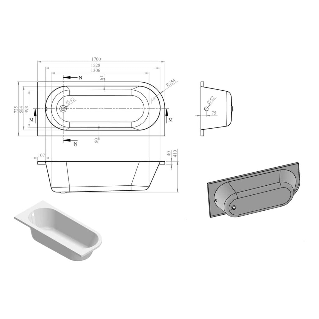 Schematic technical drawing of a bathtub with detailed dimensions and design features, ideal for bathroom renovation and installation planning.