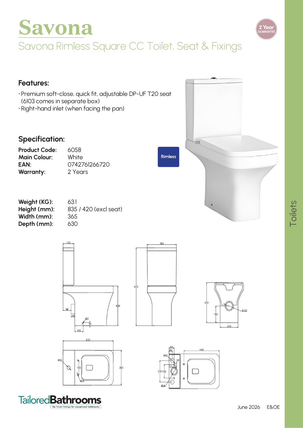 Tailored Savona Rimless Square CC Toilet, Seat & Fixings - specification sheet with technical drawing and dimensions