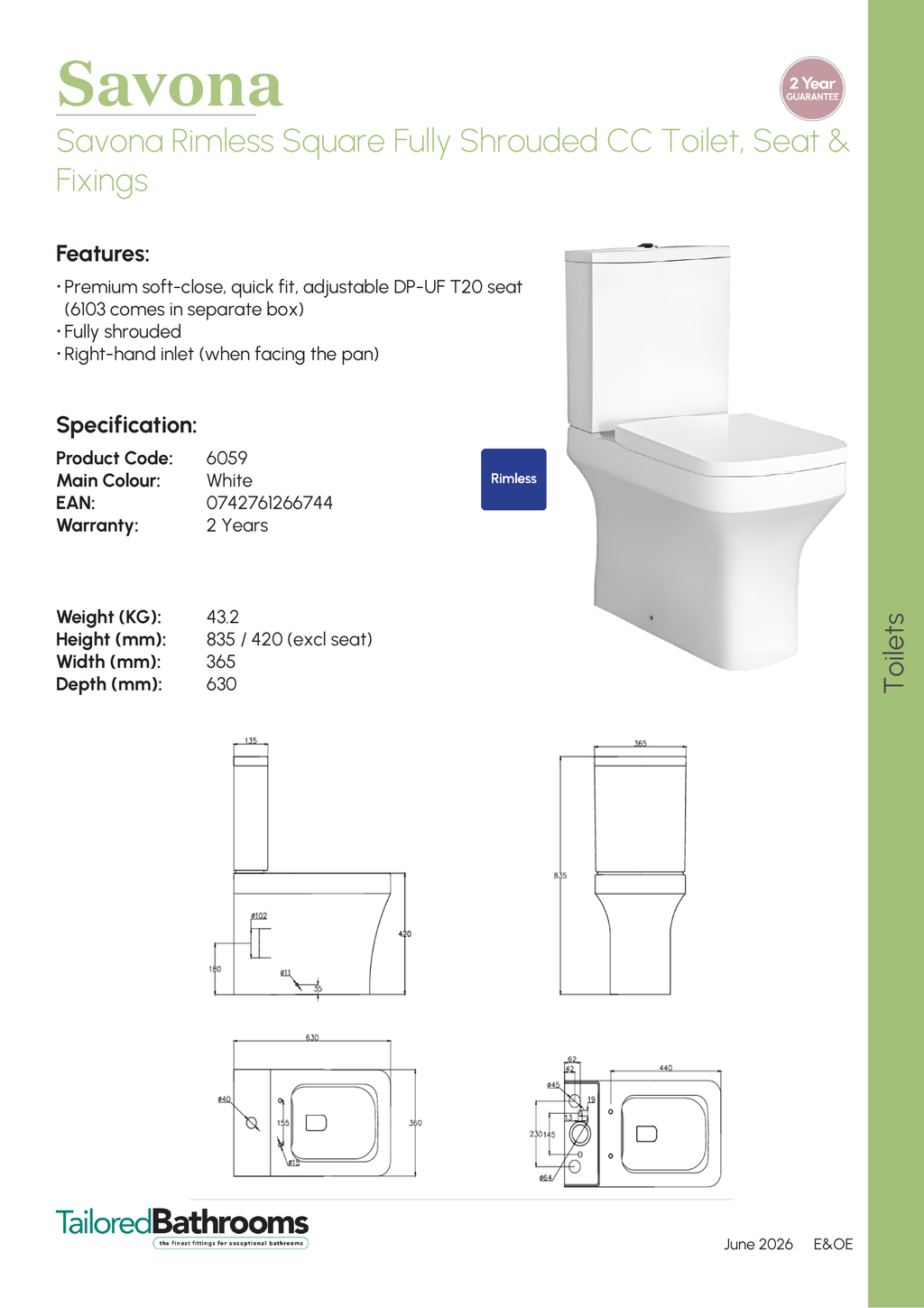 Tailored Savona Rimless Square Fully Shrouded CC Toilet, Seat & Fixings - specification sheet with technical drawing and dimensions