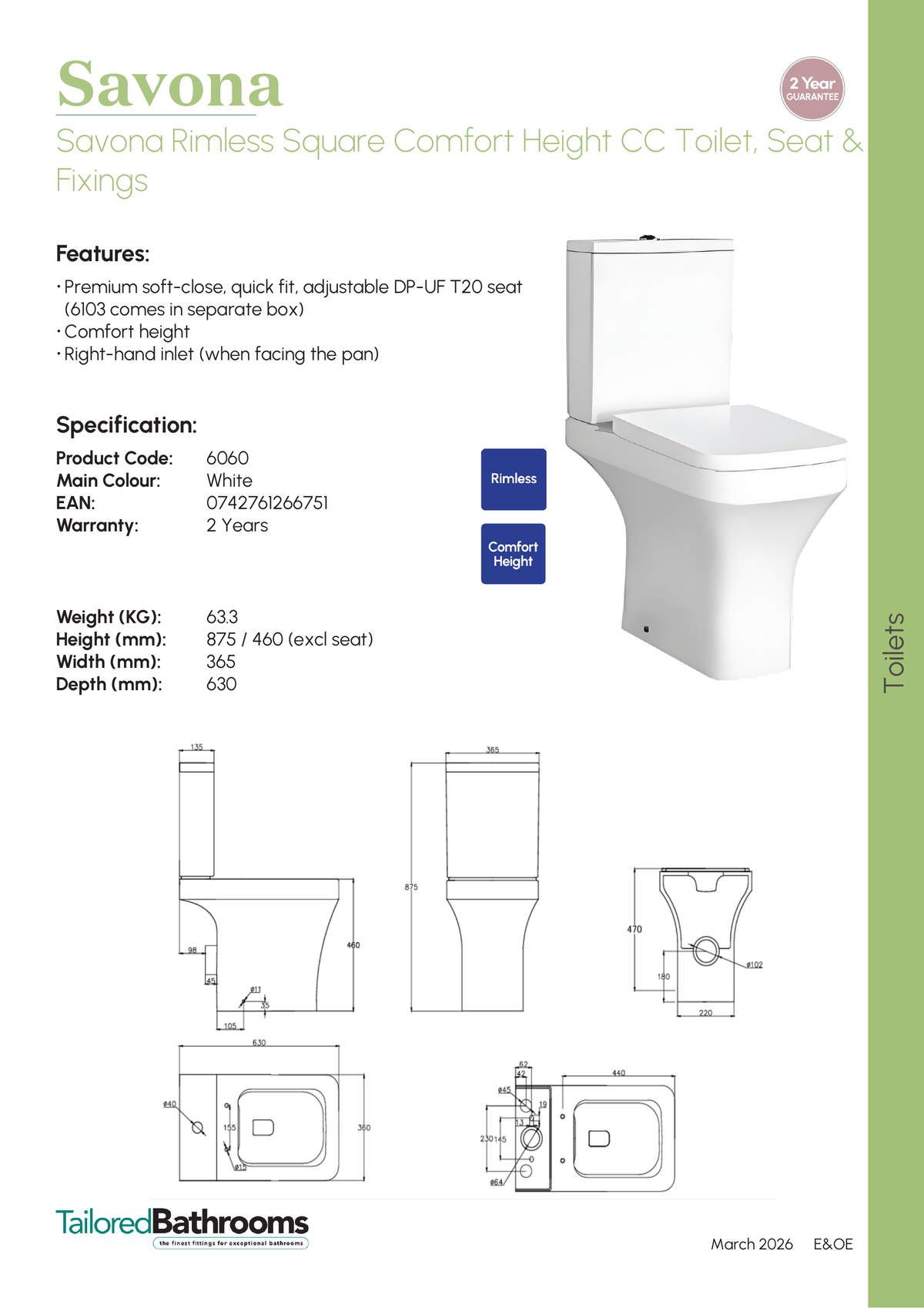 Tailored Savona Rimless Square Comfort Height CC Toilet, Seat & Fixings - specification sheet with technical drawing and dimensions