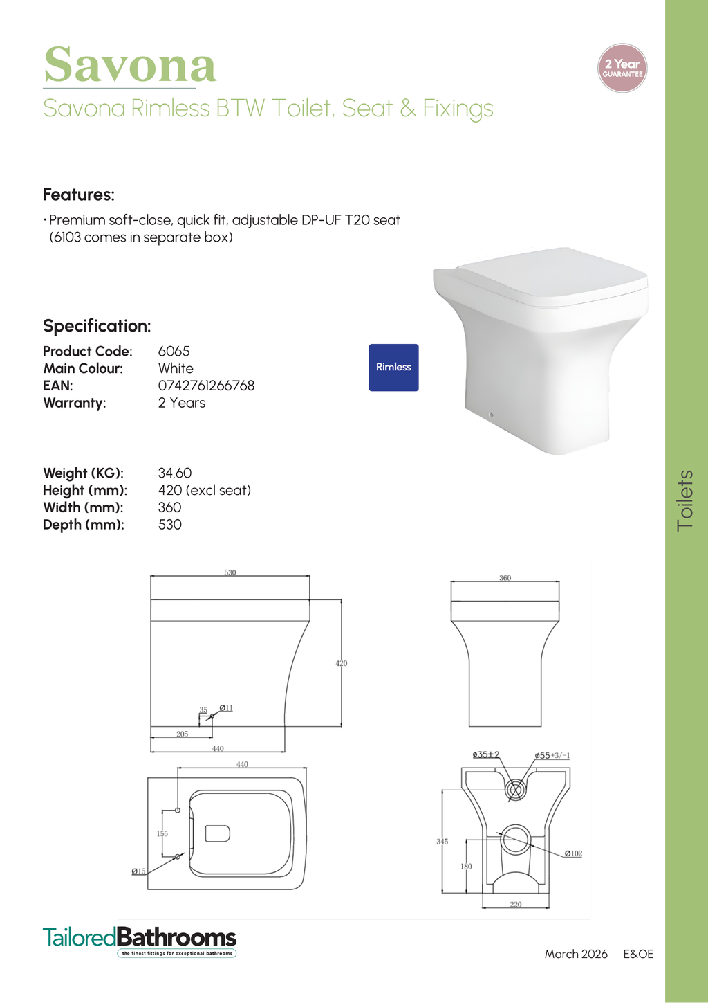 Tailored Savona Rimless BTW Toilet, Seat & Fixings - specification sheet with technical drawing and dimensions